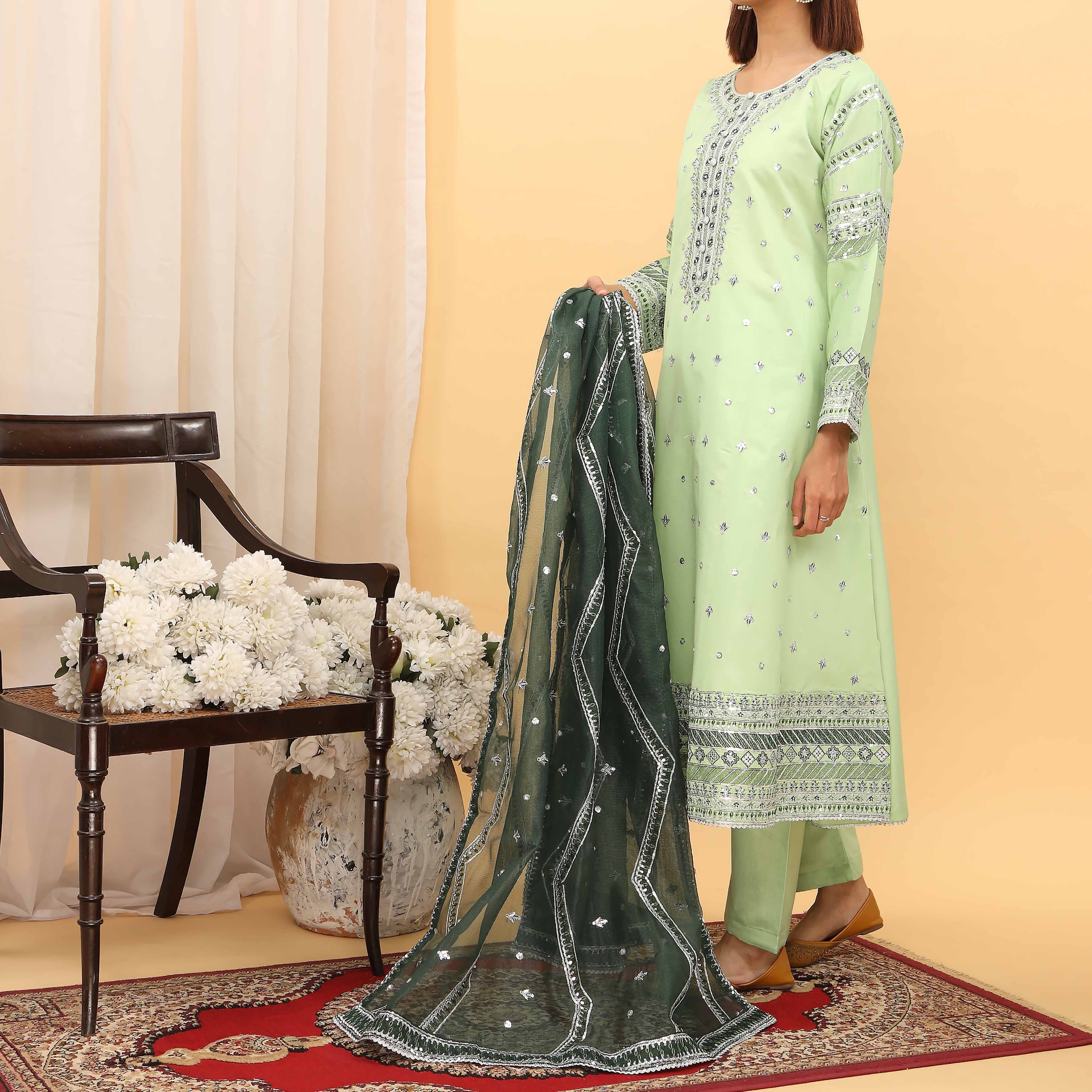 3PC- Embellished Khaddi Net Suit PF5118 - Image 2