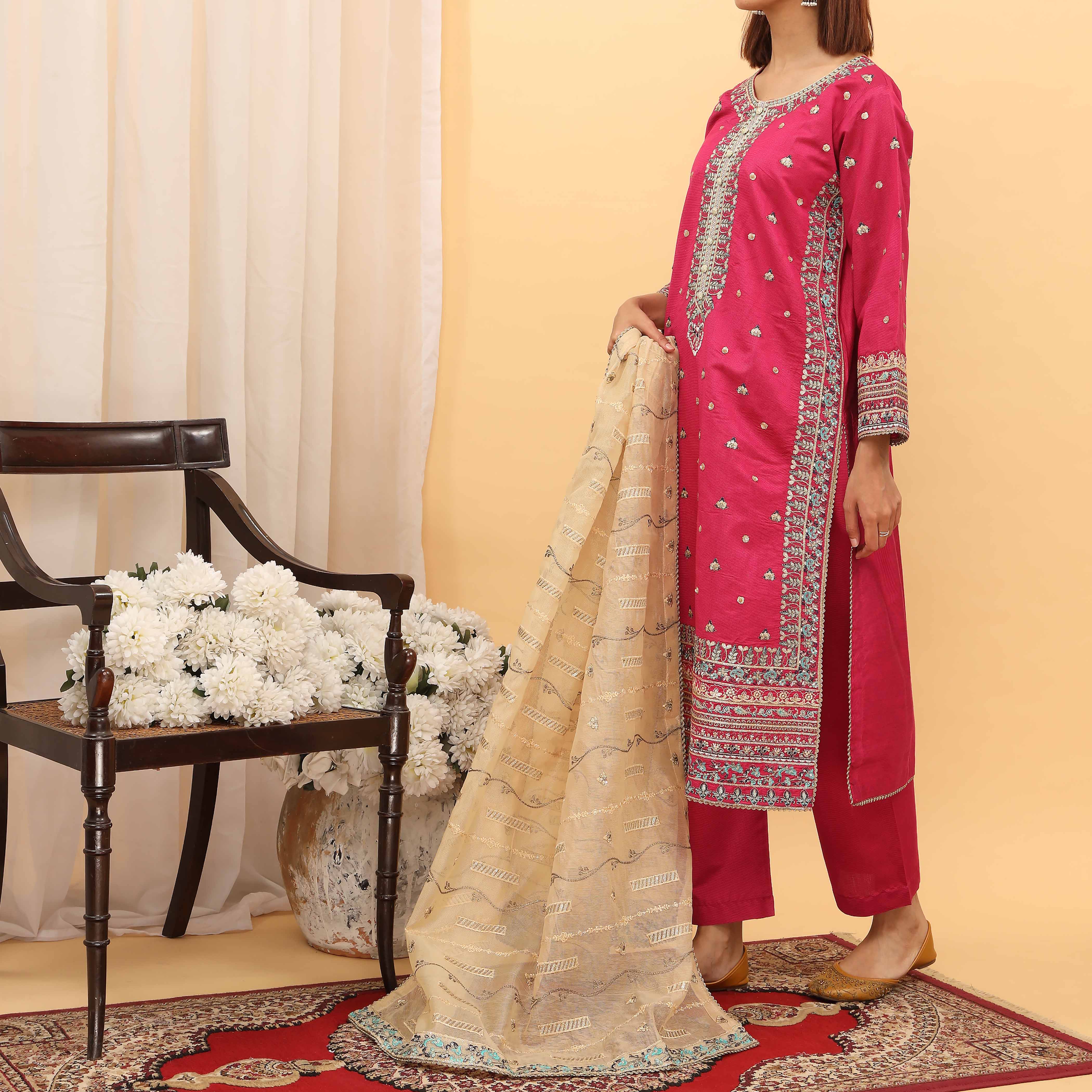 3PC- Embellished Khaddi Net Suit PF5143 - Image 2