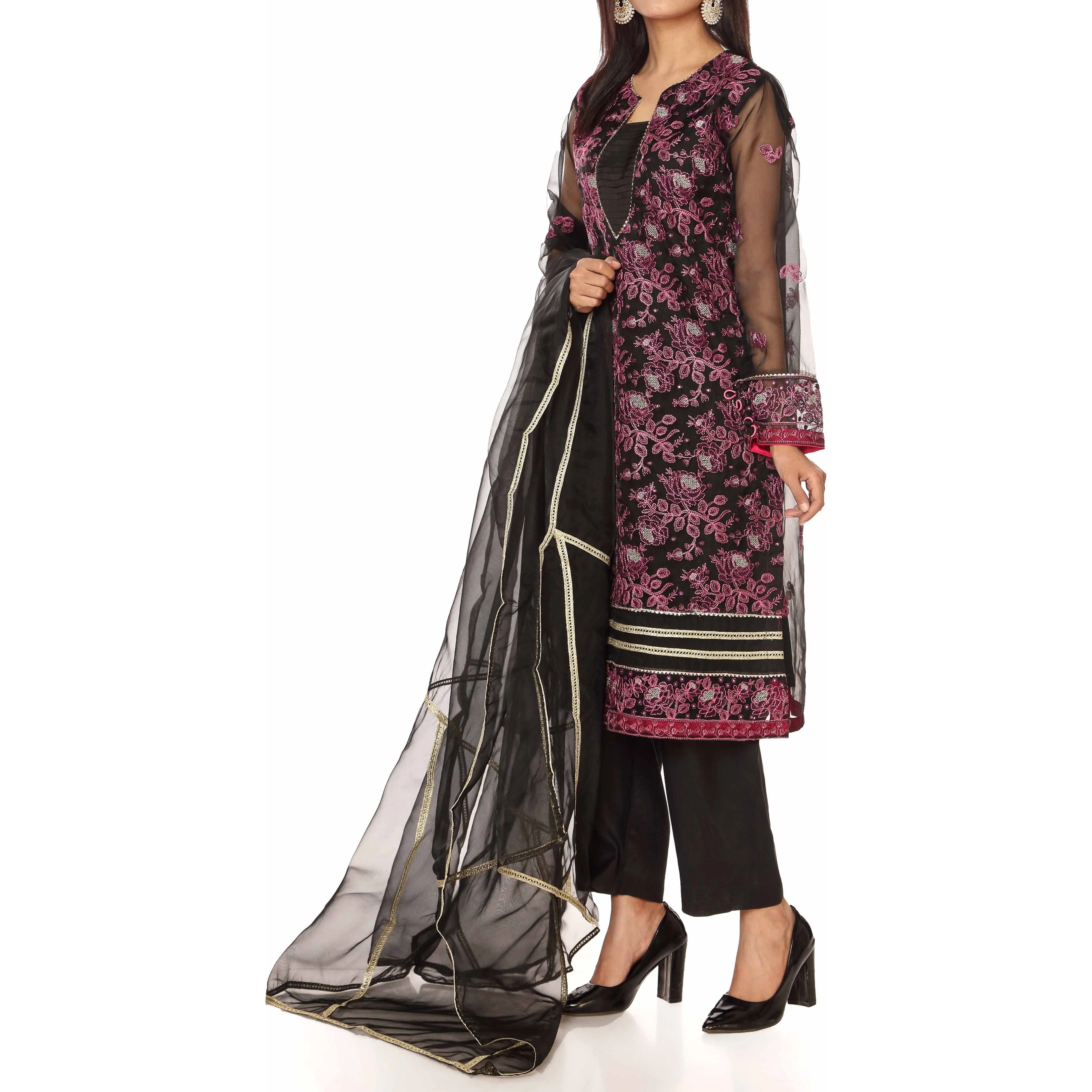 3PC- Embellished Organza Shirt & Dupatta With Raw SilkTrousers PS2187 - Image 2