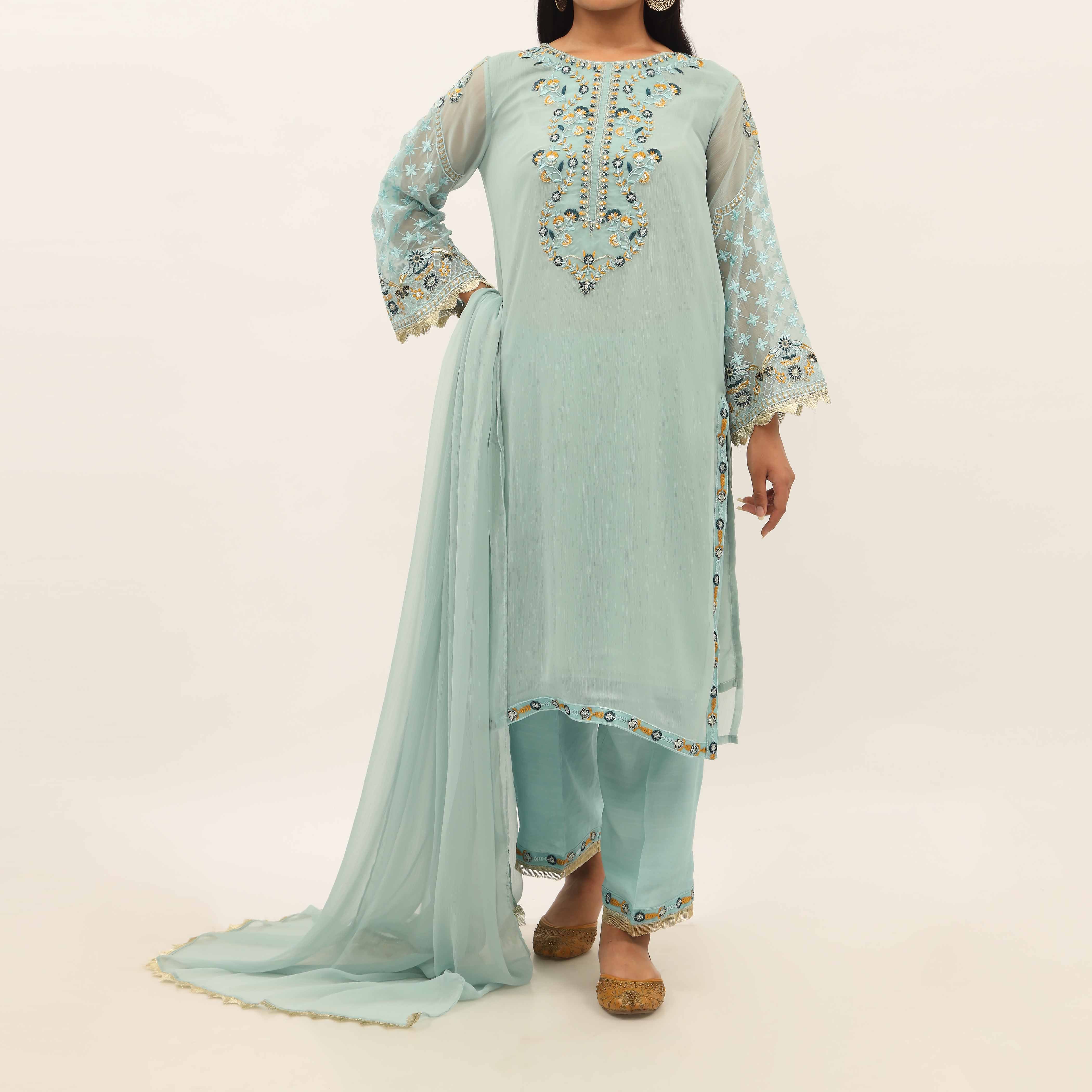 3PC- Embroiderd Crinkle Chiffon Suit PS5193 - Image 2