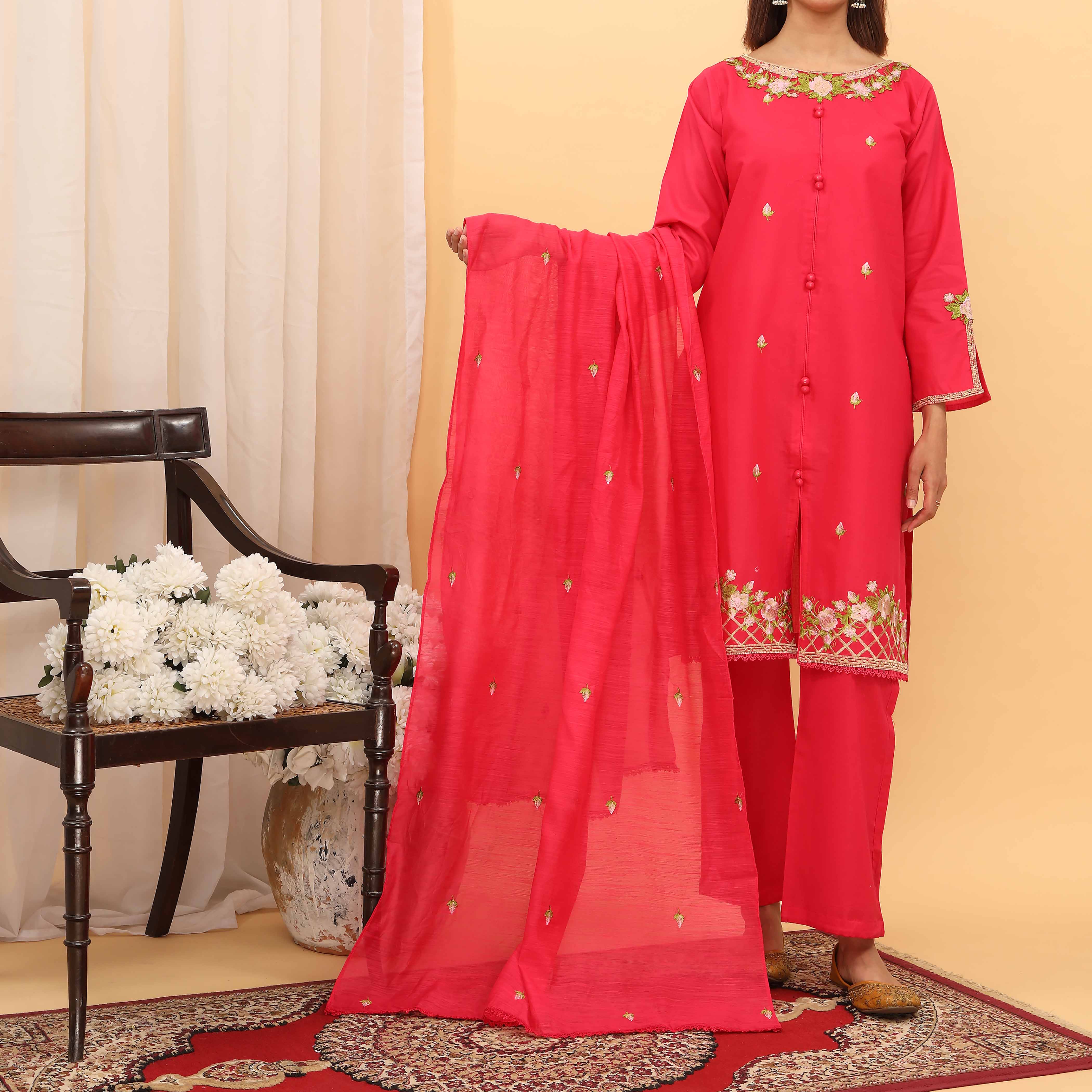 3PC- Embroidered Cambric Suit PS5222 - Image 2