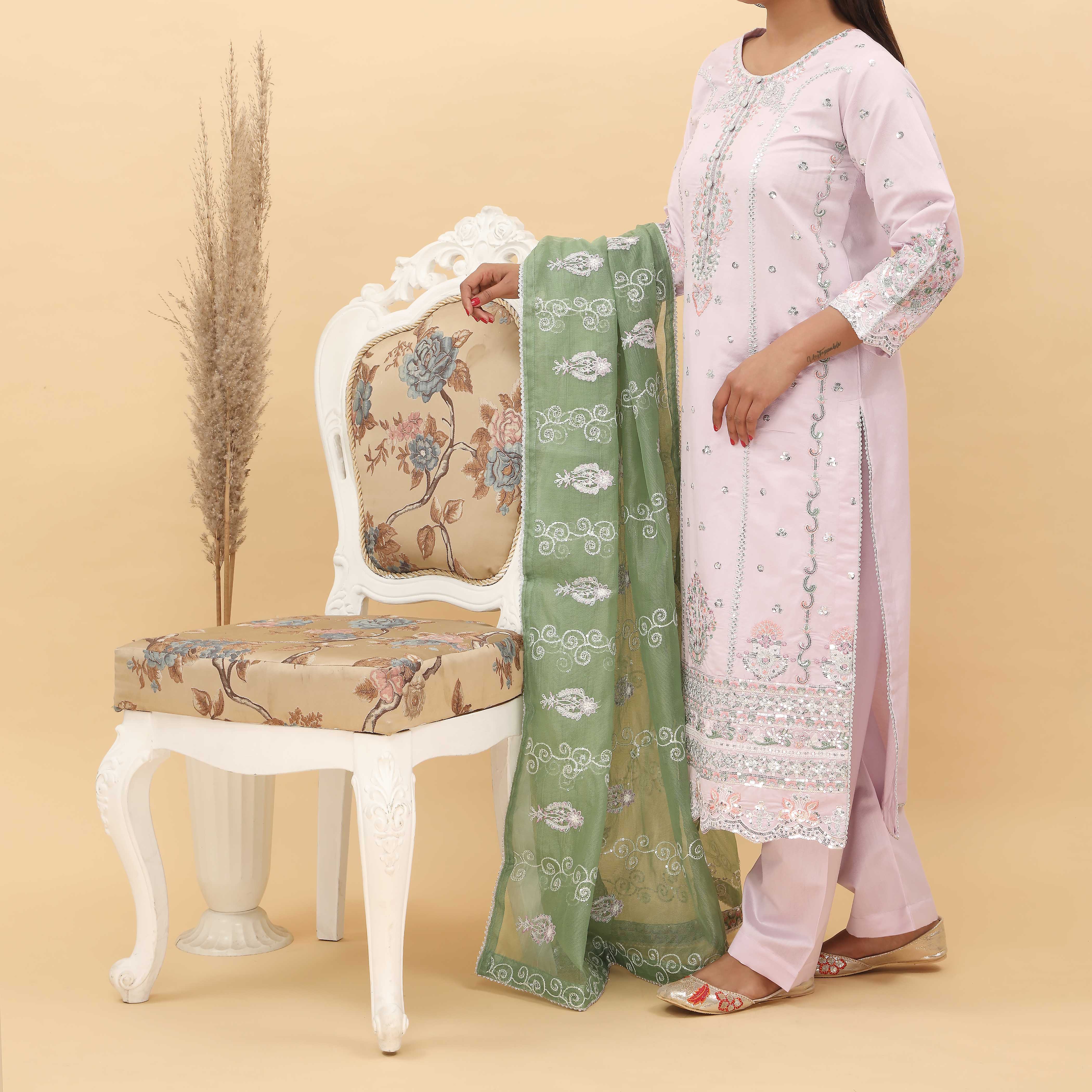 3PC- Embroidered Khadi Net Suit PF5022 - Image 2