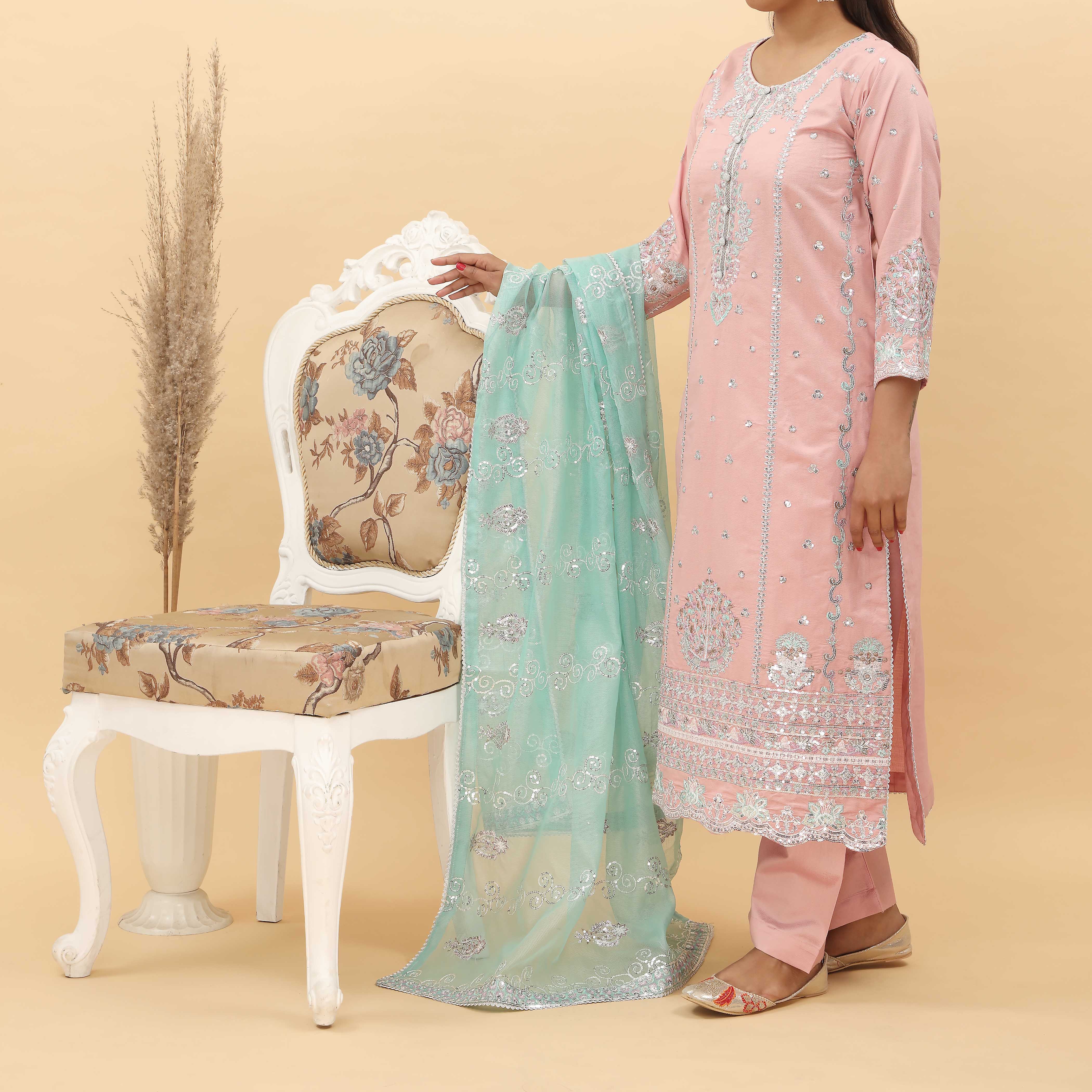 3PC- Embroidered Khadi Net Suit PF5023 - Image 3