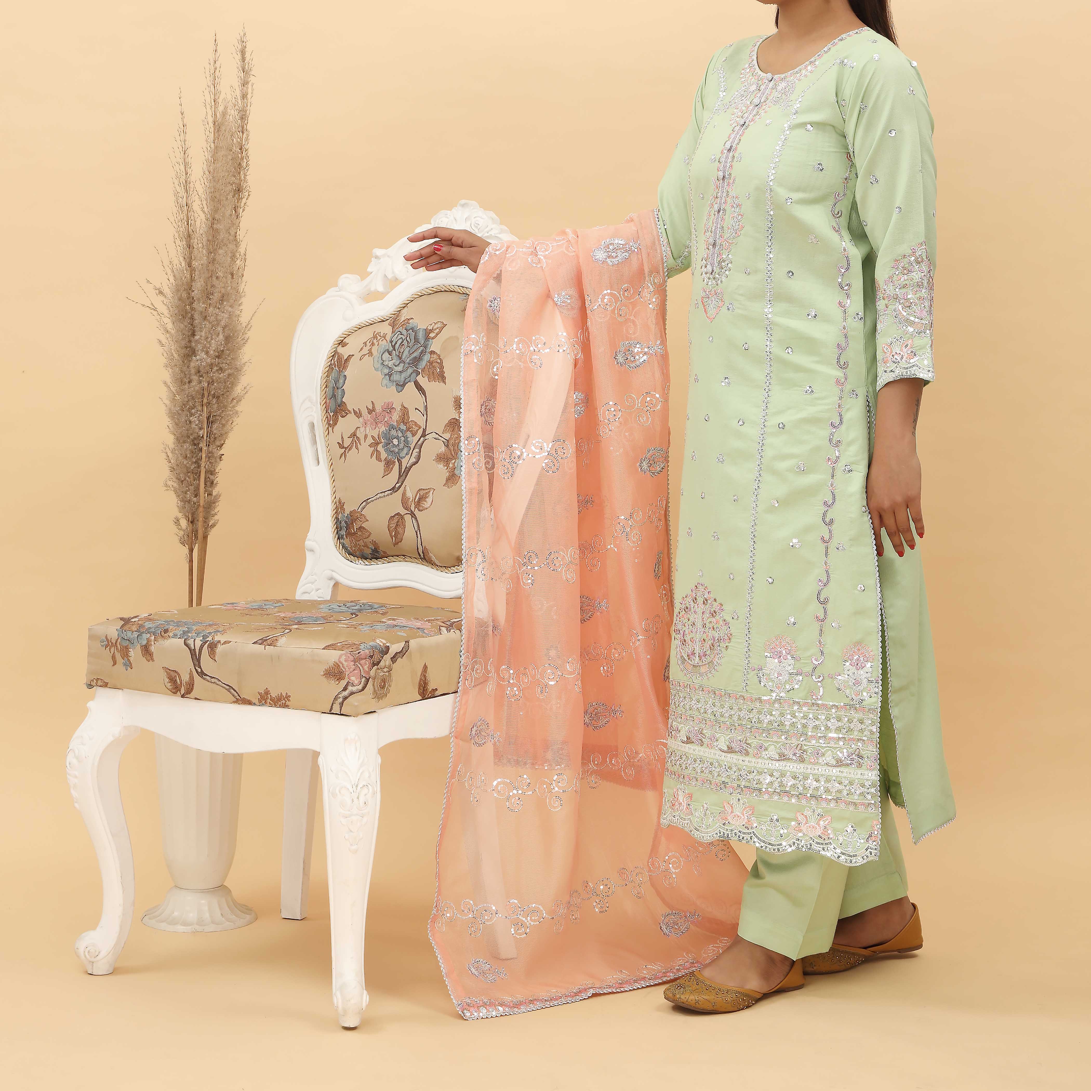 3PC- Embroidered Khadi Net Suit PF5024 - Image 2