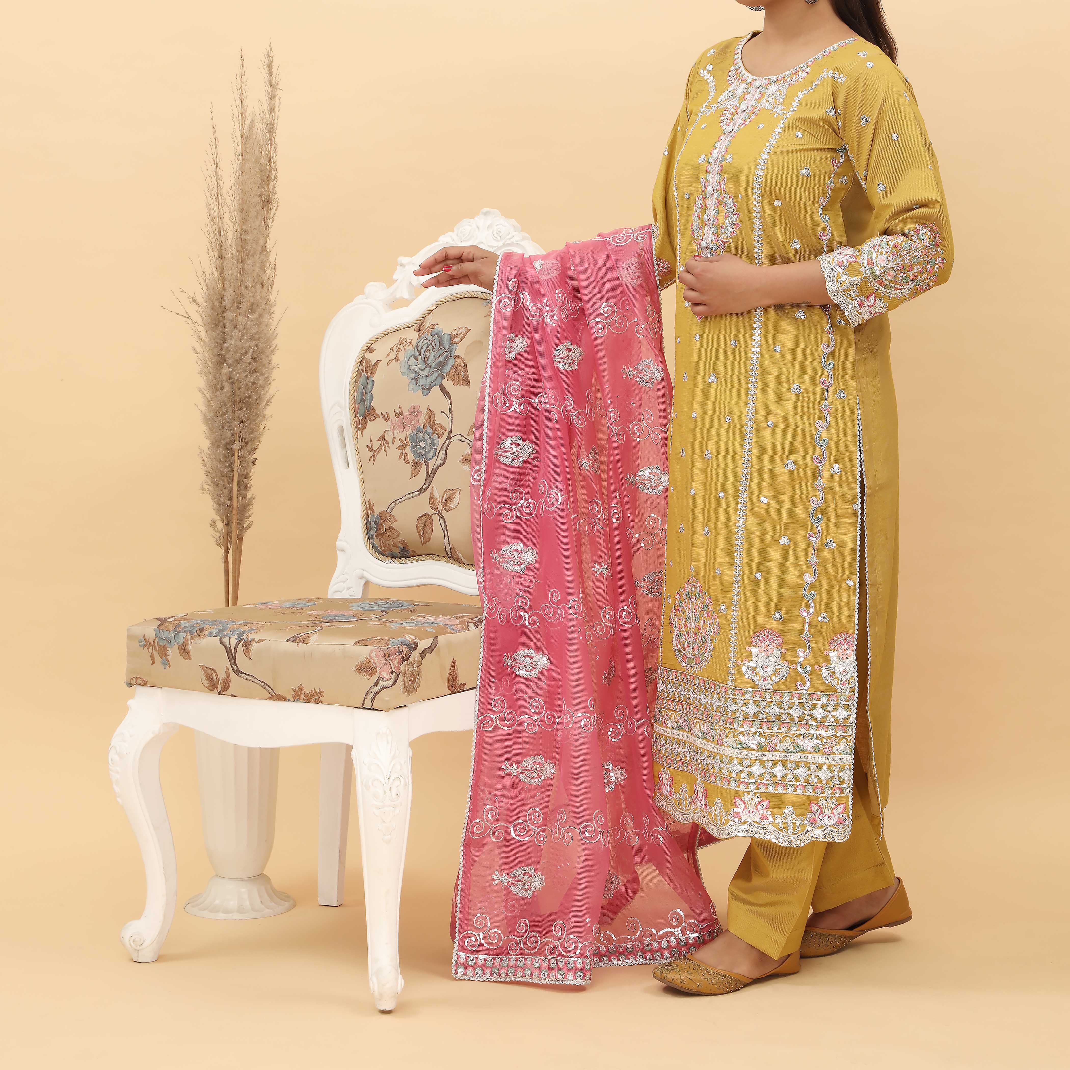 3PC- Embroidered Khadi Net Suit PF5025 - Image 2