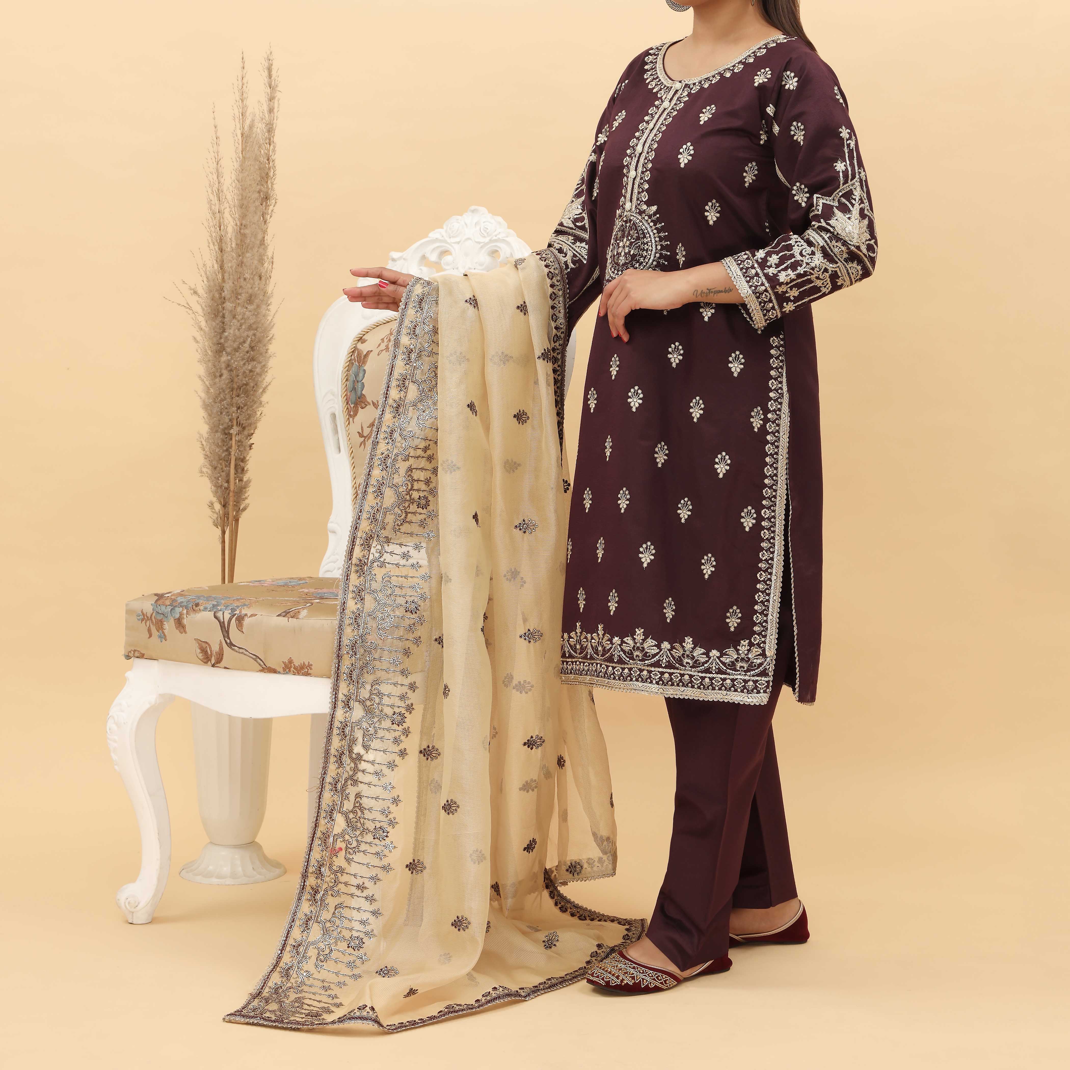 3PC- Embroidered Khadi Net Suit PF5026 - Image 2