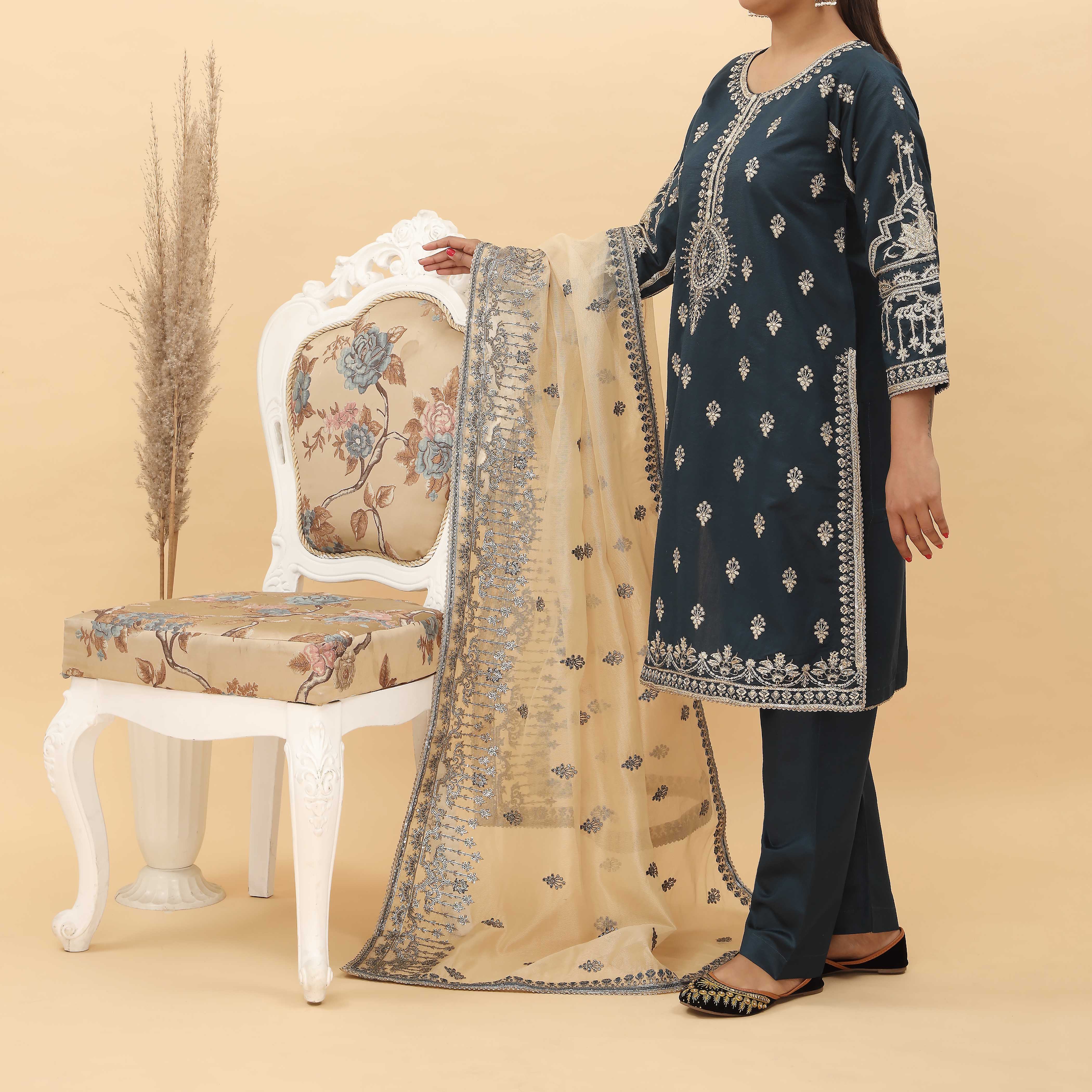 3PC- Embroidered Khadi Net Suit PF5027 - Image 2