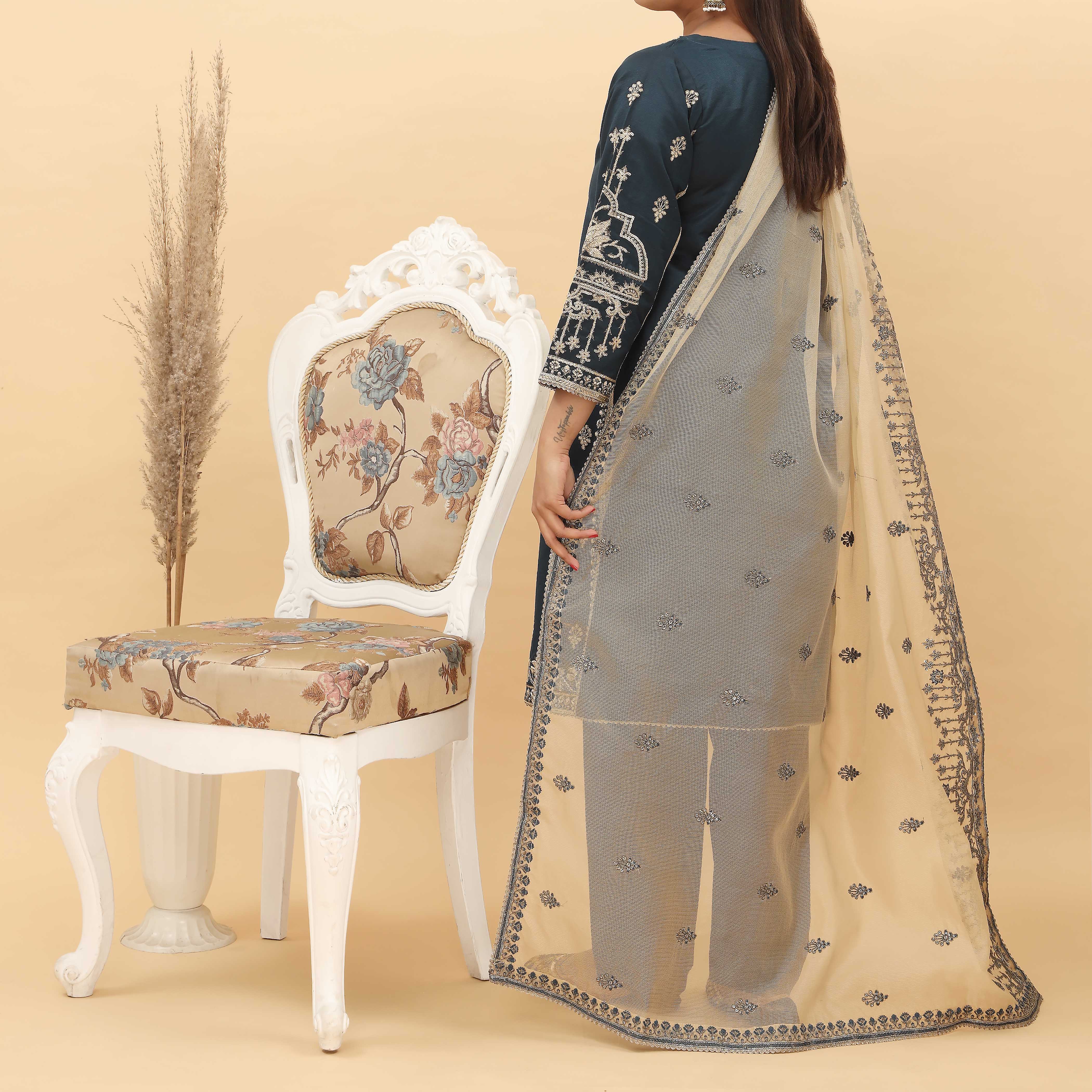 3PC- Embroidered Khadi Net Suit PF5027 - Image 3