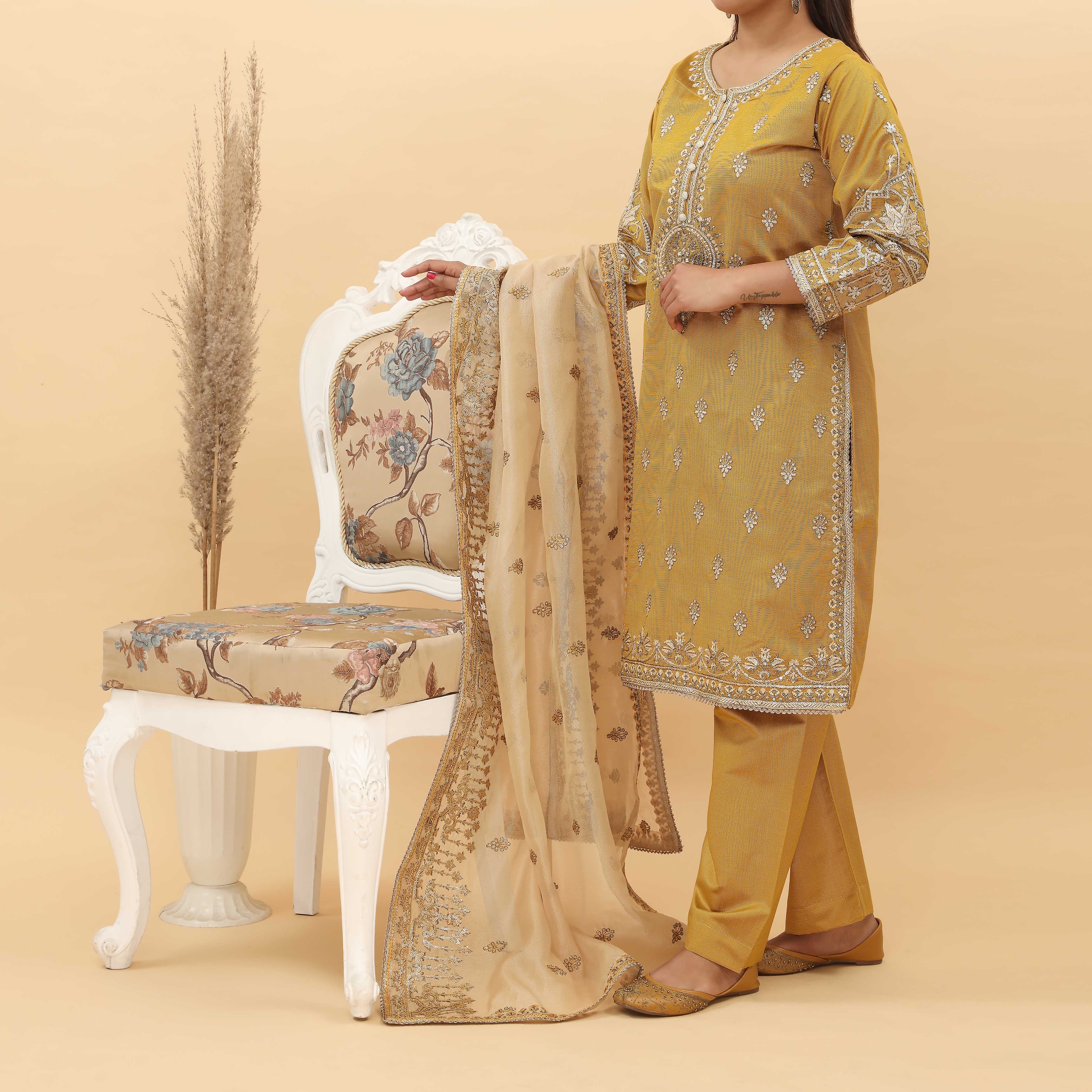 3PC- Embroidered Khadi Net Suit PF5028 - Image 2