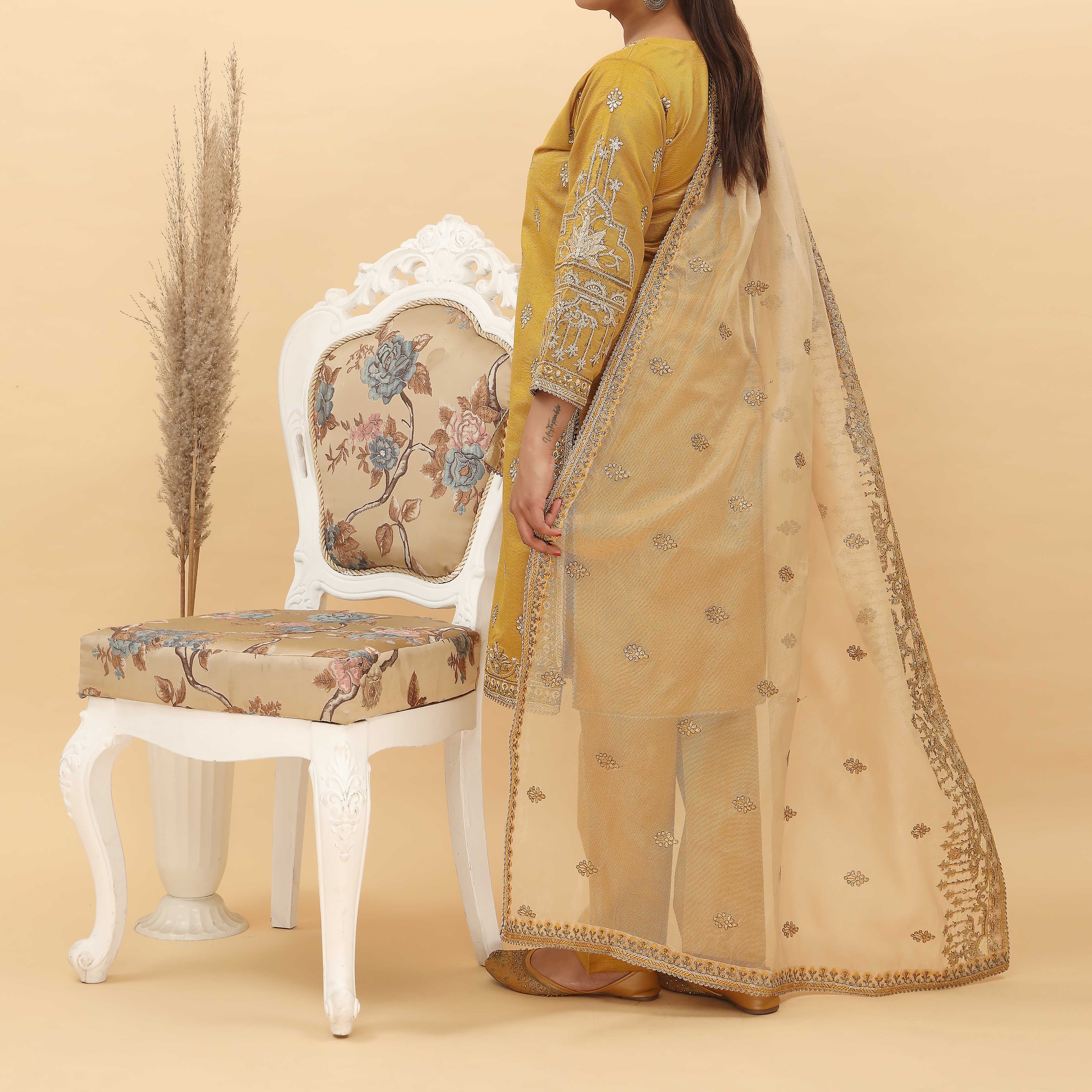 3PC- Embroidered Khadi Net Suit PF5028 - Image 3