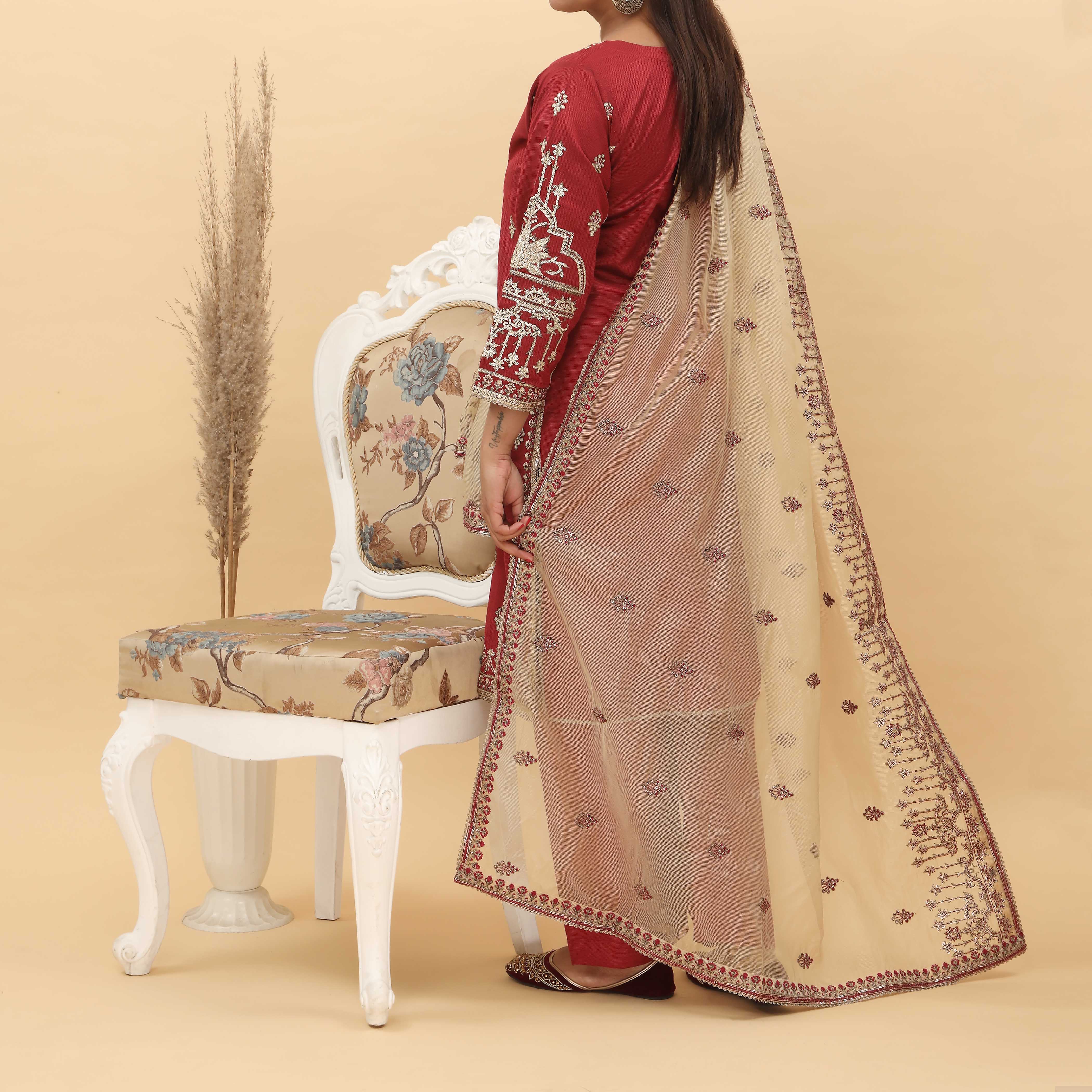 3PC- Embroidered Khadi Net Suit PF5029 - Image 3
