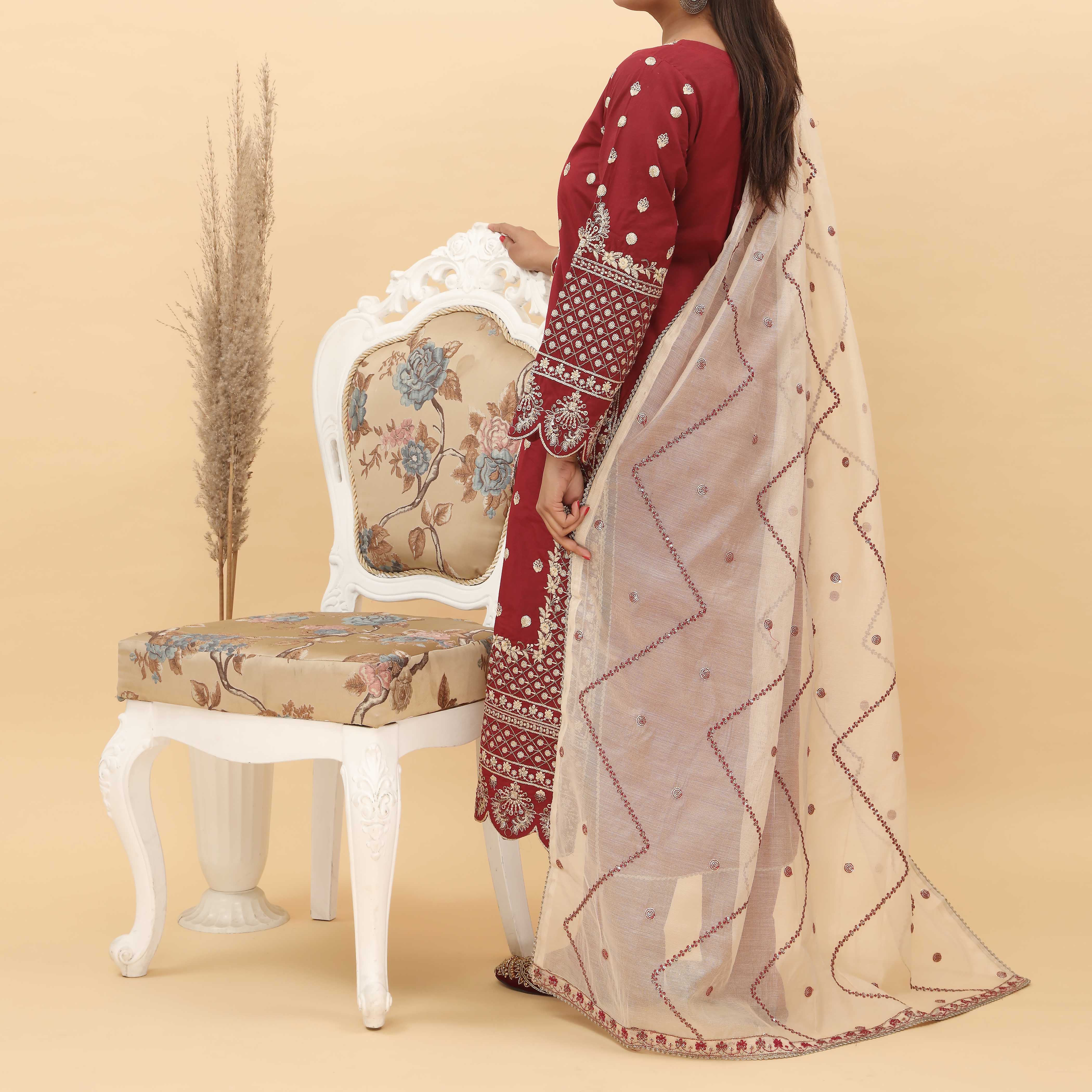 3PC- Embroidered Khadi Net Suit PF5038 - Image 3