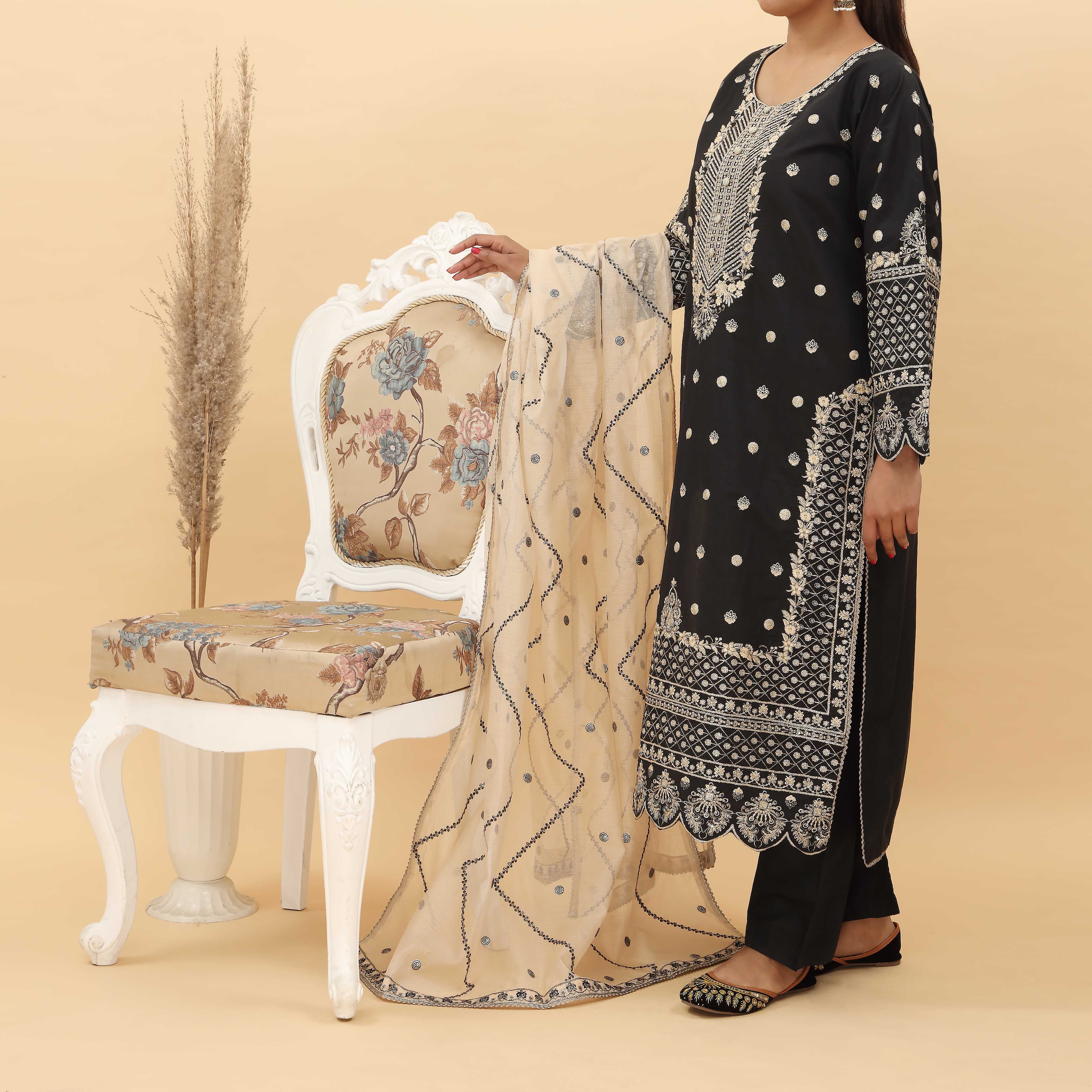 3PC- Embroidered Khadi Net Suit PF5039 - Image 2