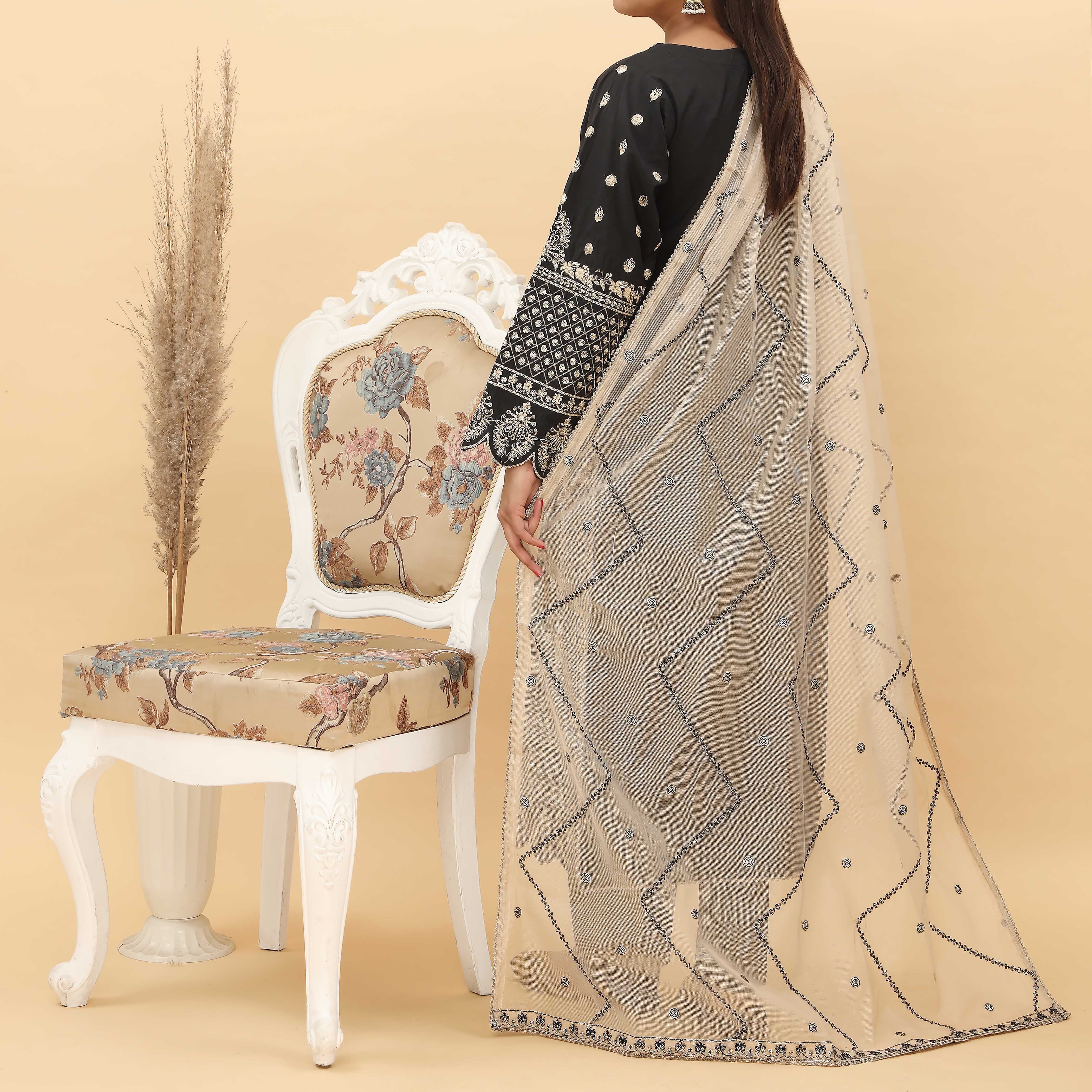 3PC- Embroidered Khadi Net Suit PF5039 - Image 3