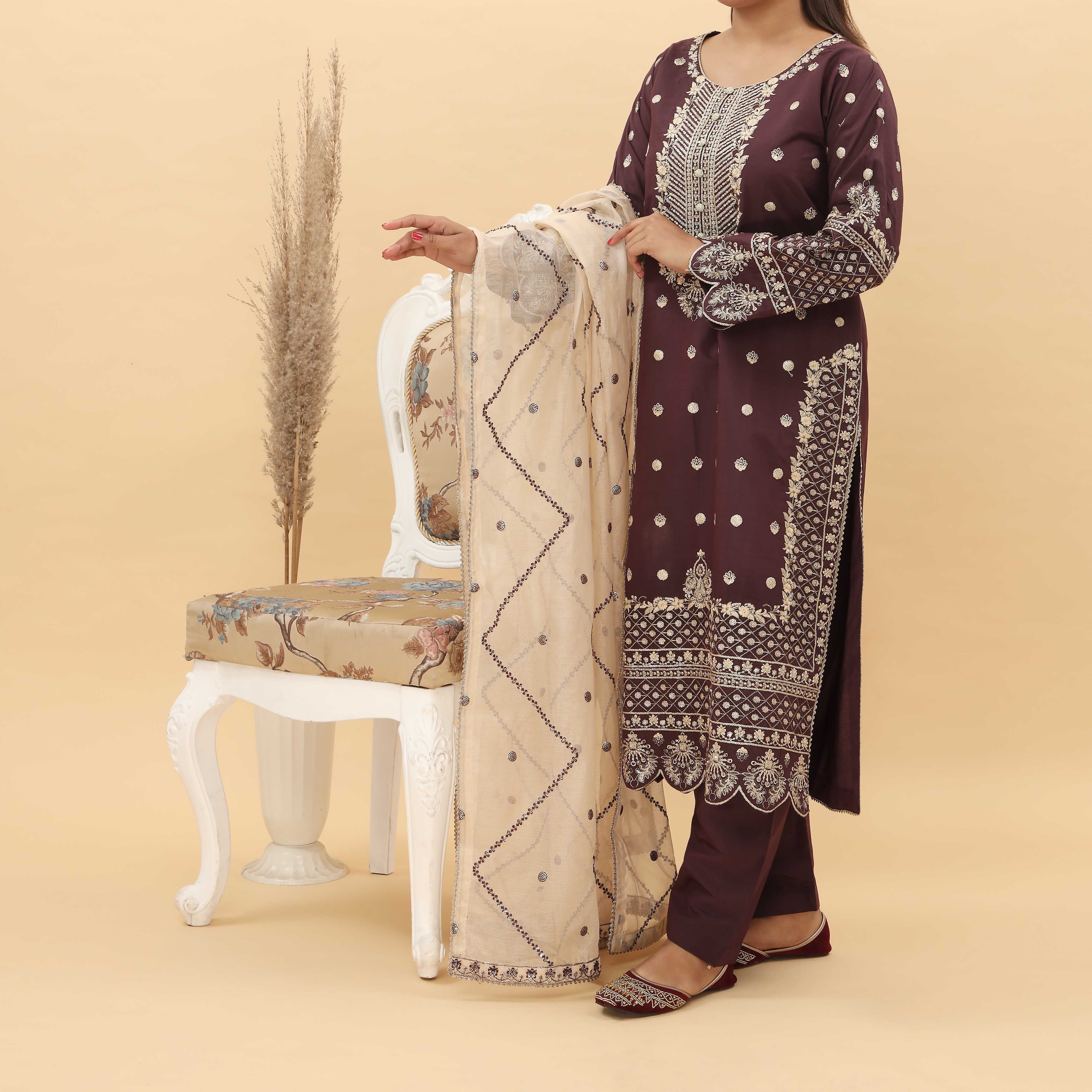 3PC- Embroidered Khadi Net Suit PF5040 - Image 2