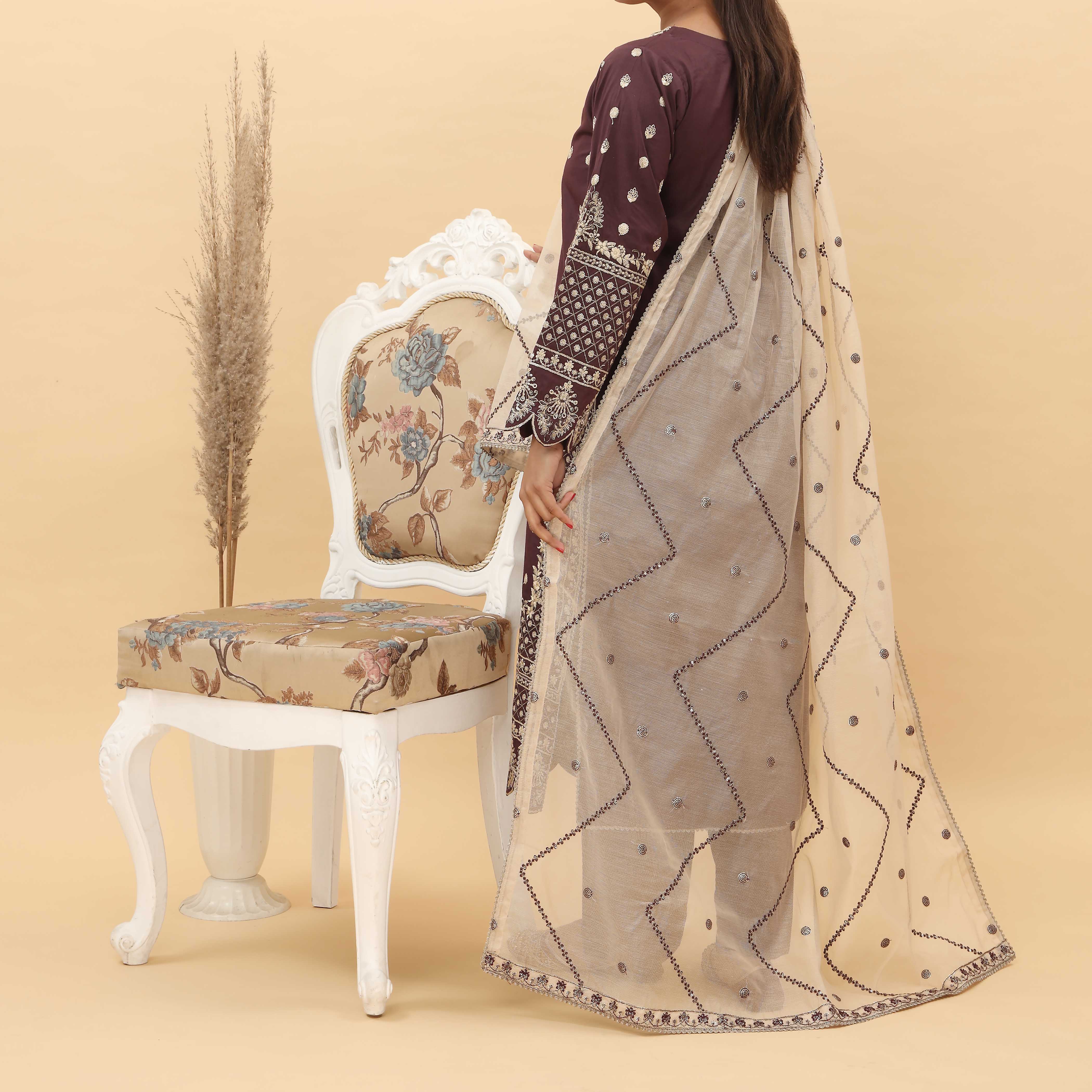3PC- Embroidered Khadi Net Suit PF5040 - Image 3
