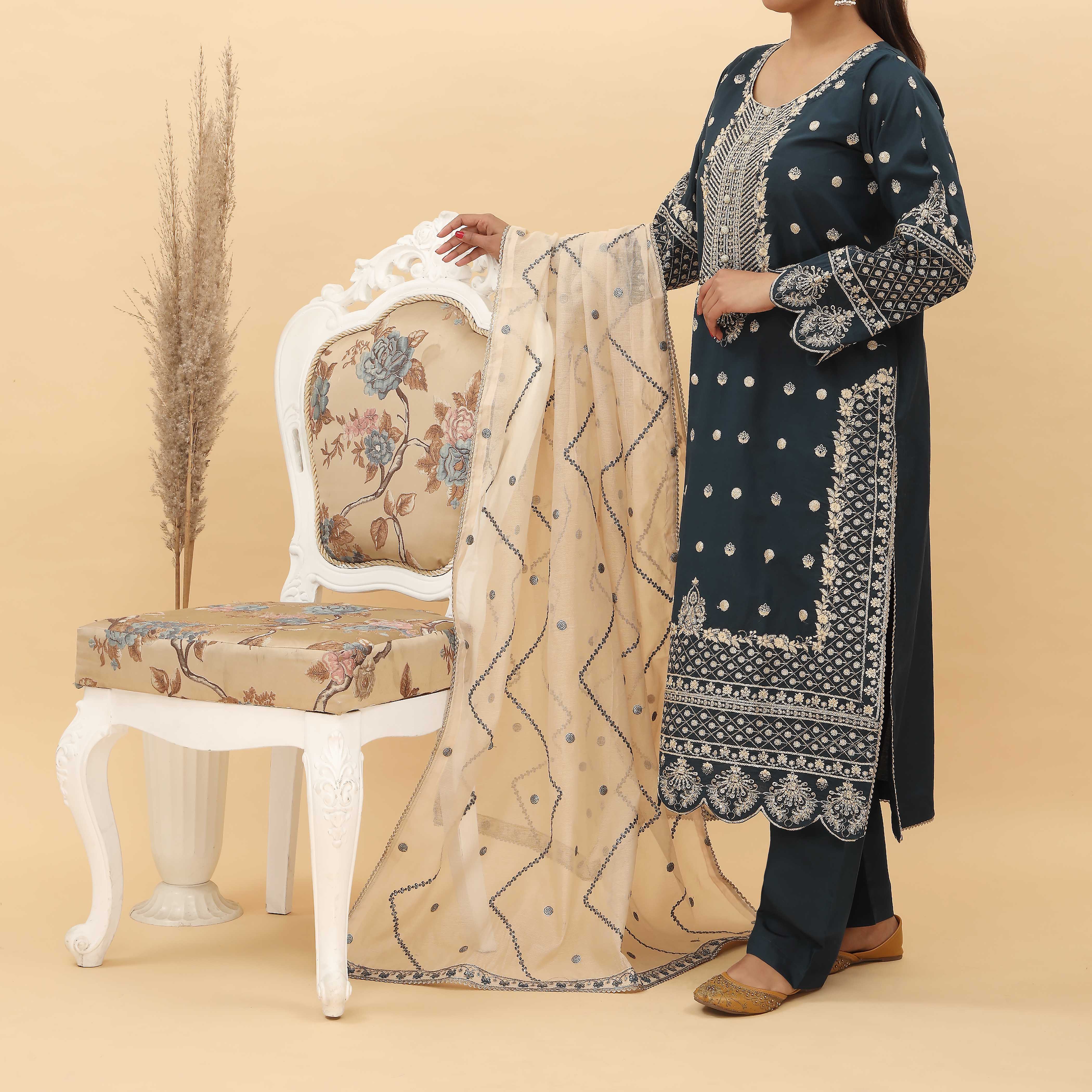 3PC- Embroidered Khadi Net Suit PF5041 - Image 3