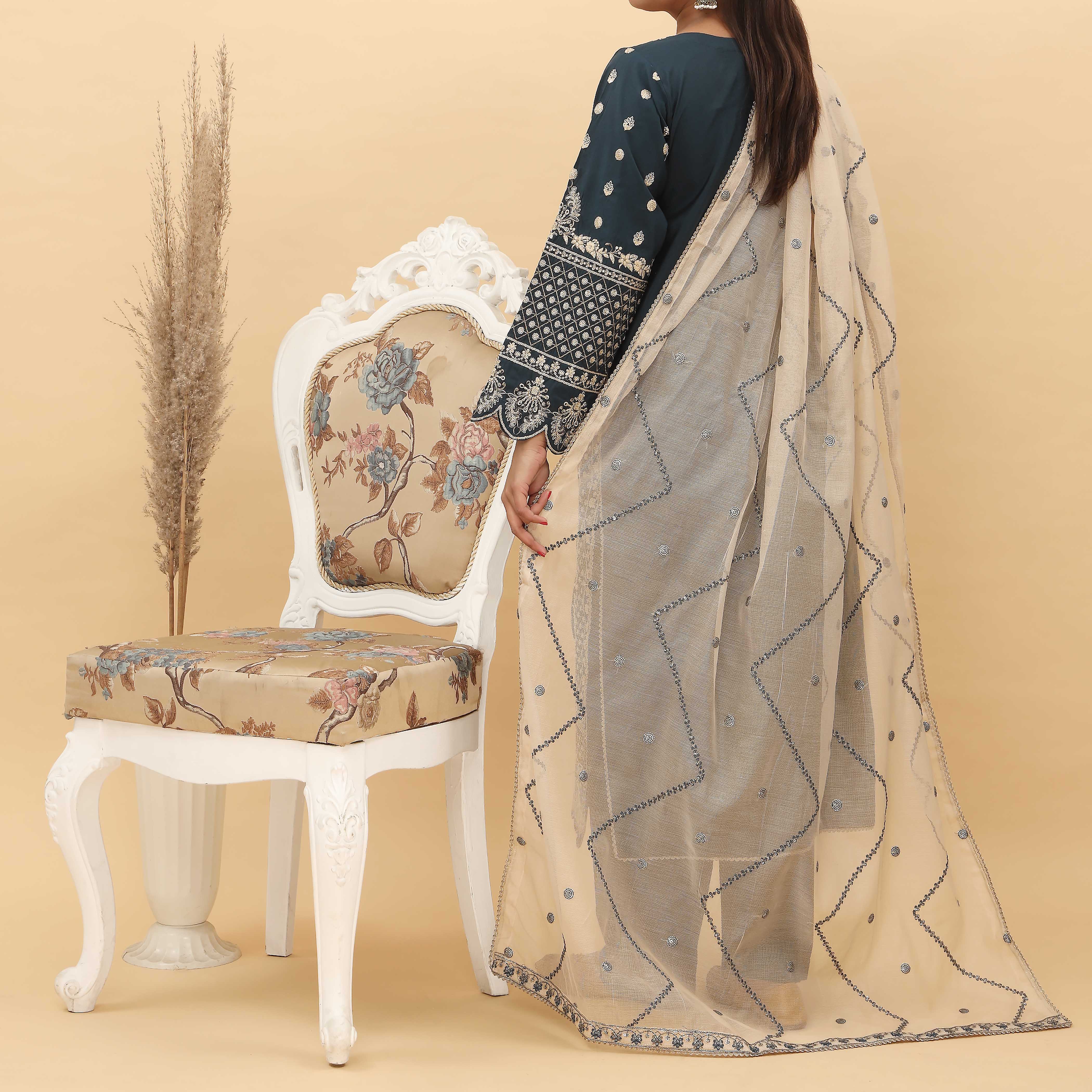 3PC- Embroidered Khadi Net Suit PF5041 - Image 4