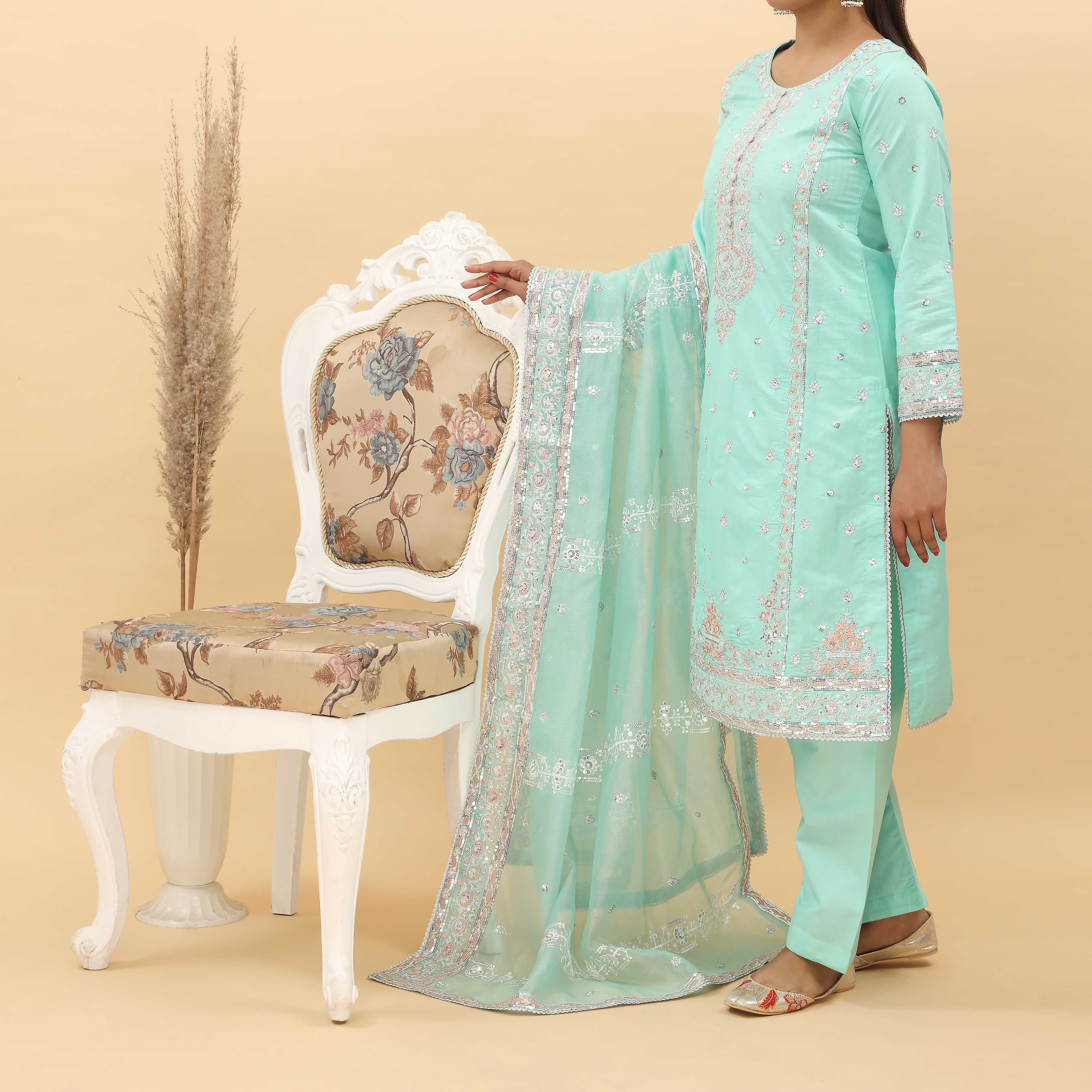 3PC- Embroidered Khadi Net Suit PF5058 - Image 2