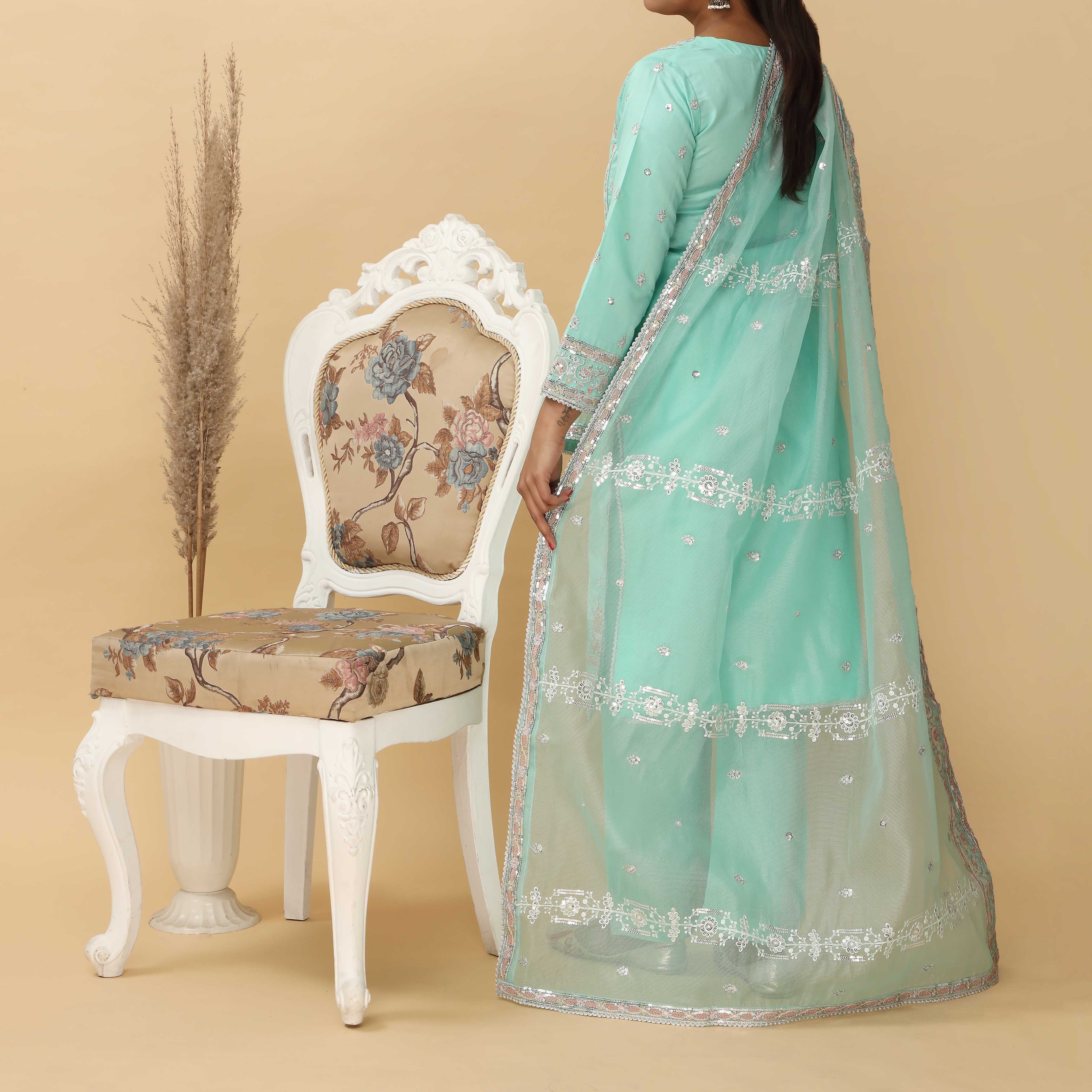 3PC- Embroidered Khadi Net Suit PF5058 - Image 3