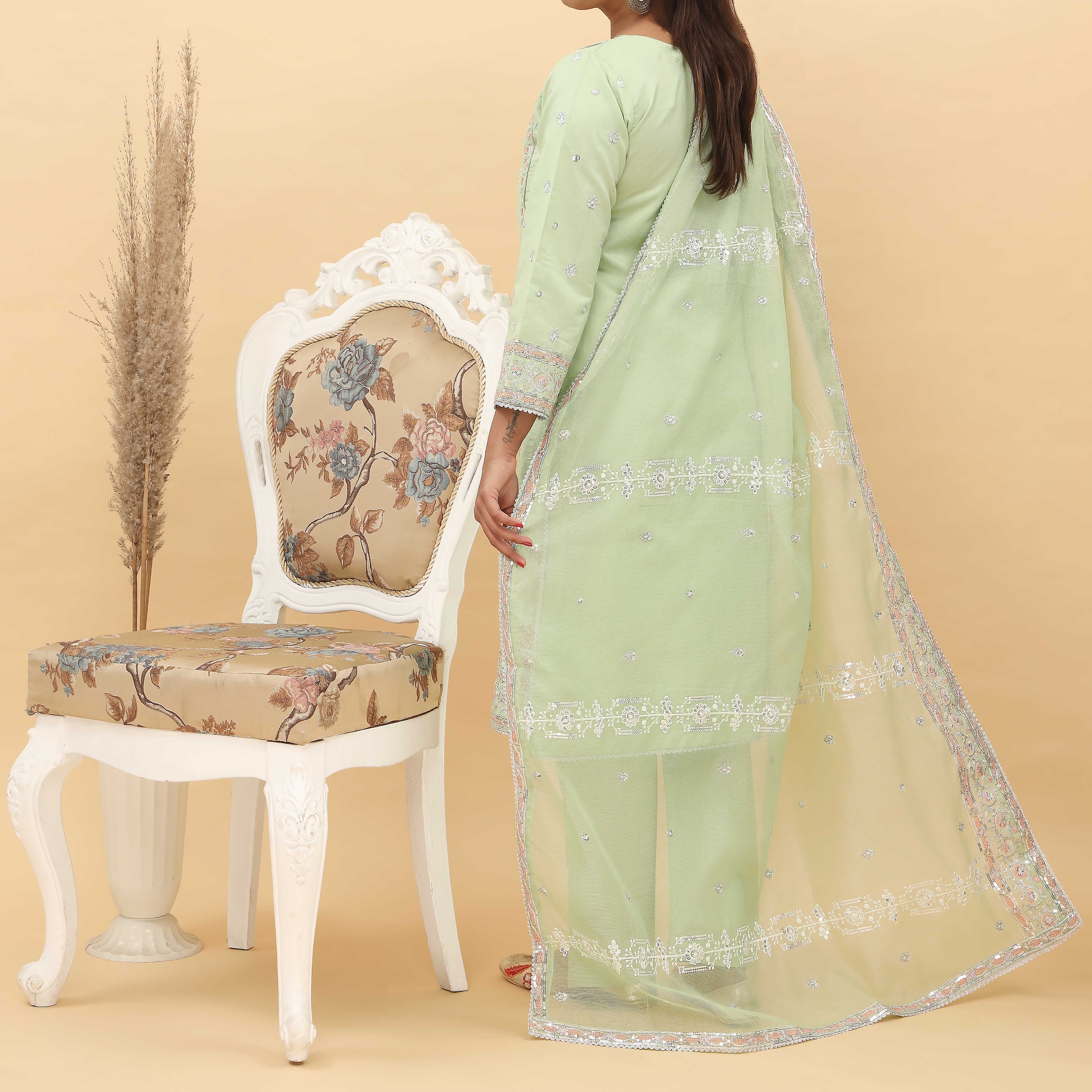 3PC- Embroidered Khadi Net Suit PF5059 - Image 4