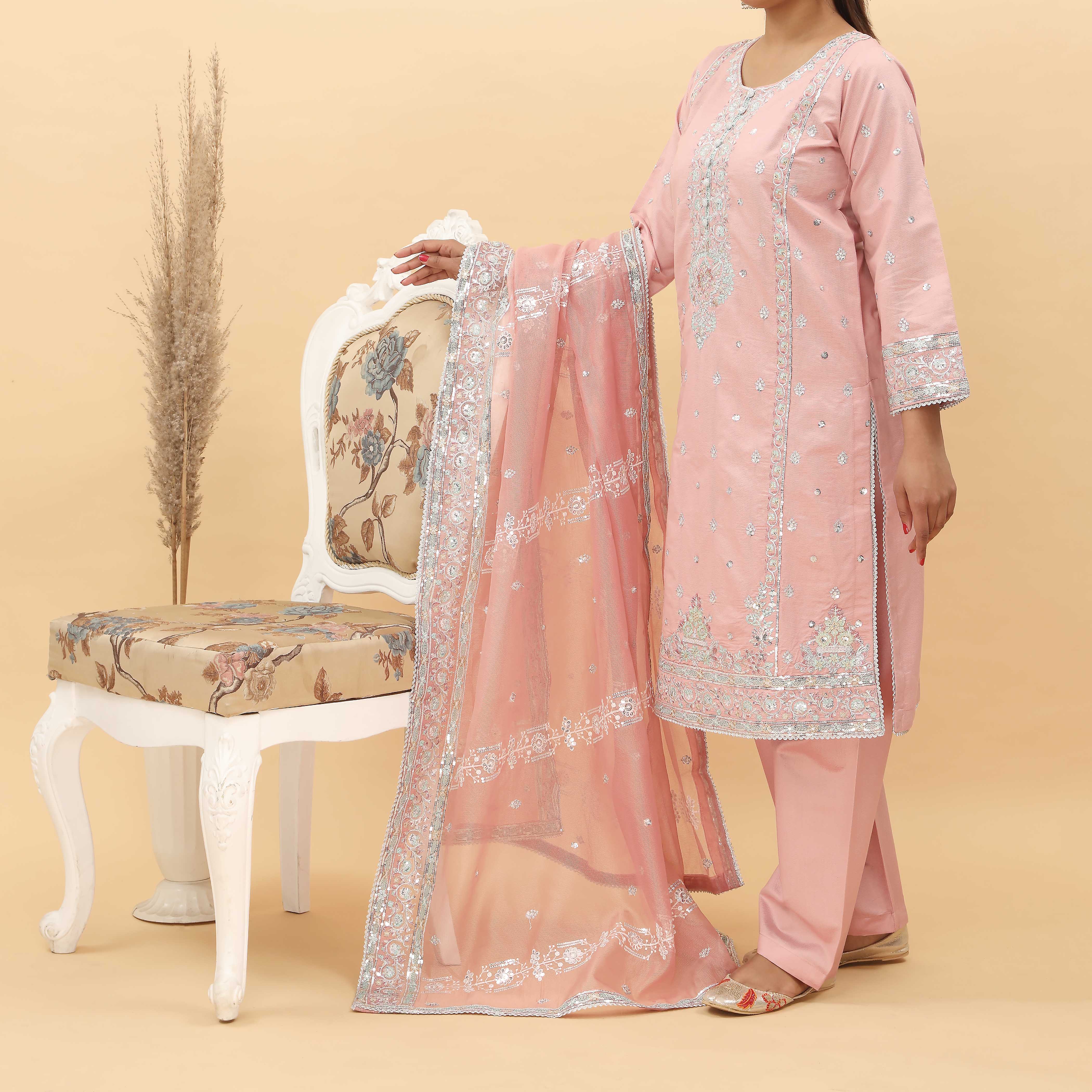 3PC- Embroidered Khadi Net Suit PF5060 - Image 3