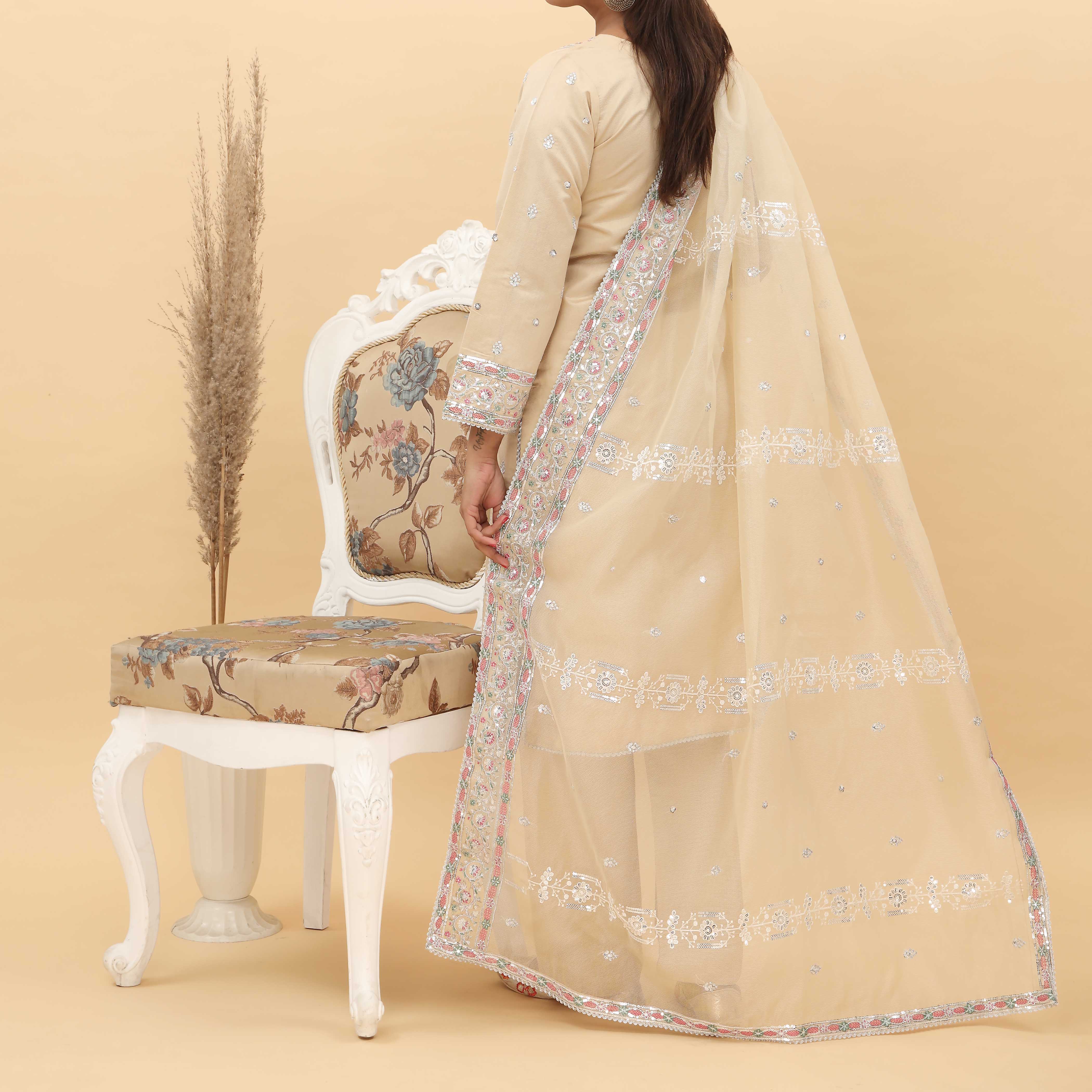 3PC- Embroidered Khadi Net Suit PF5061 - Image 4