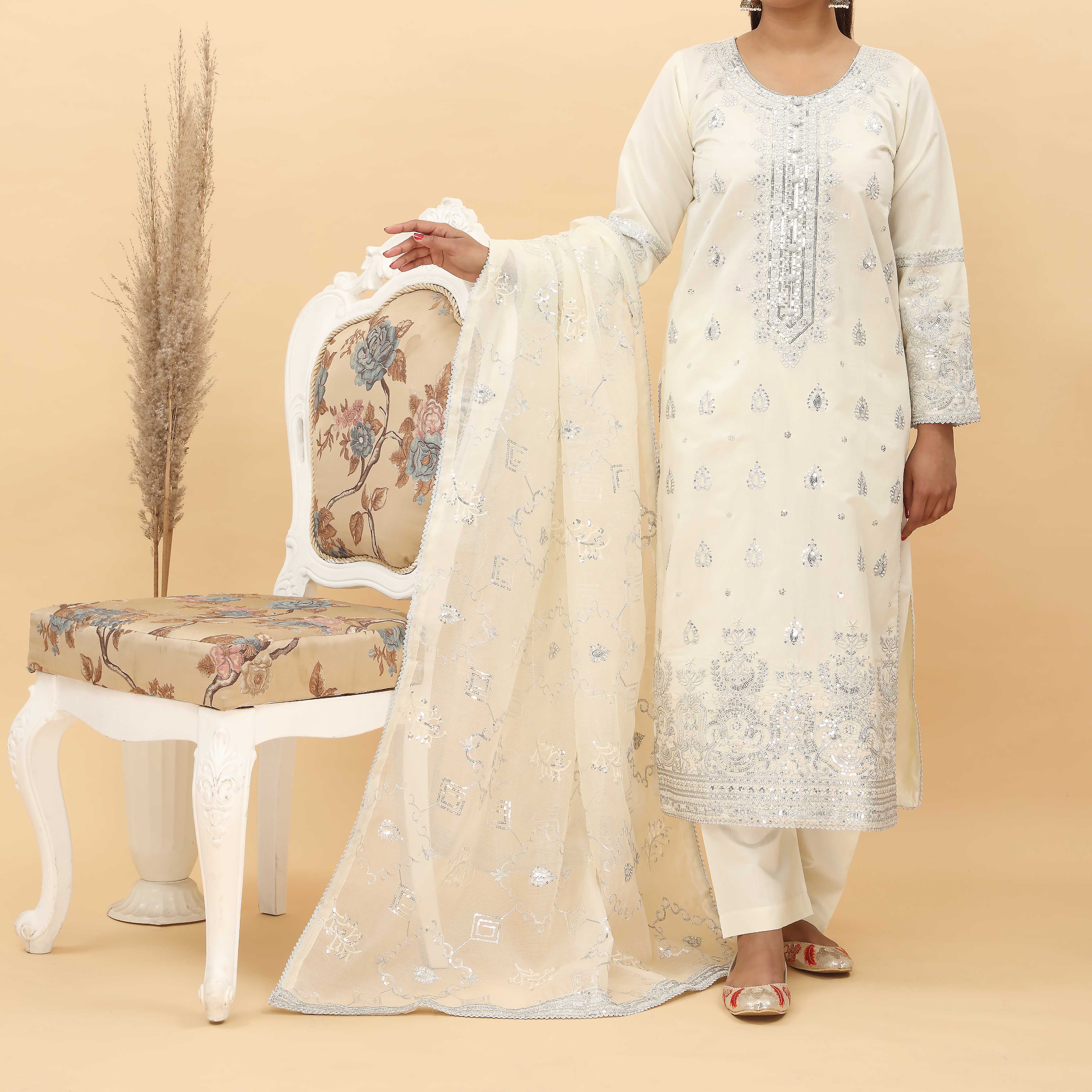 3PC- Embroidered Khadi Net Suit PF5075 - Image 2