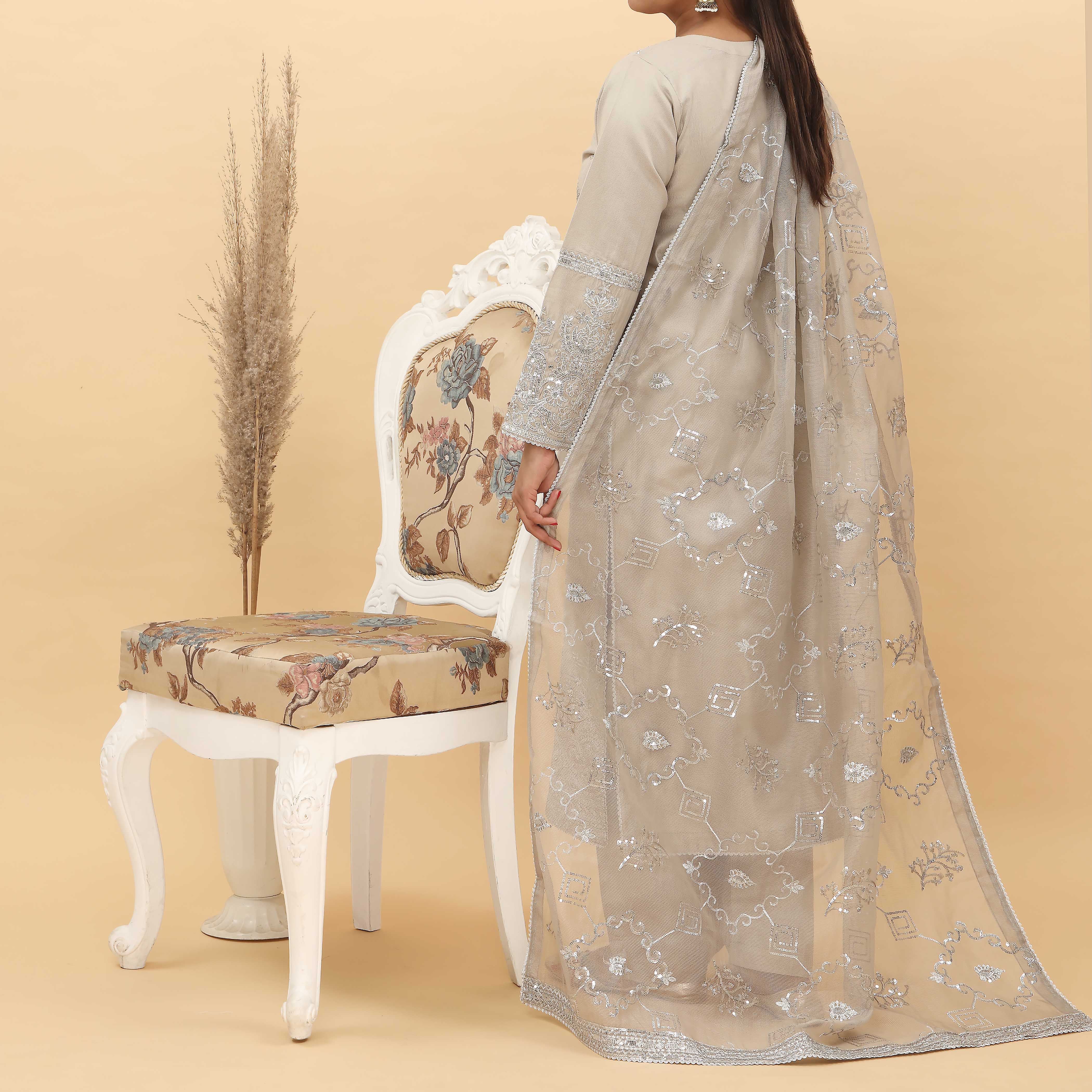 3PC- Embroidered Khadi Net Suit PF5076 - Image 4