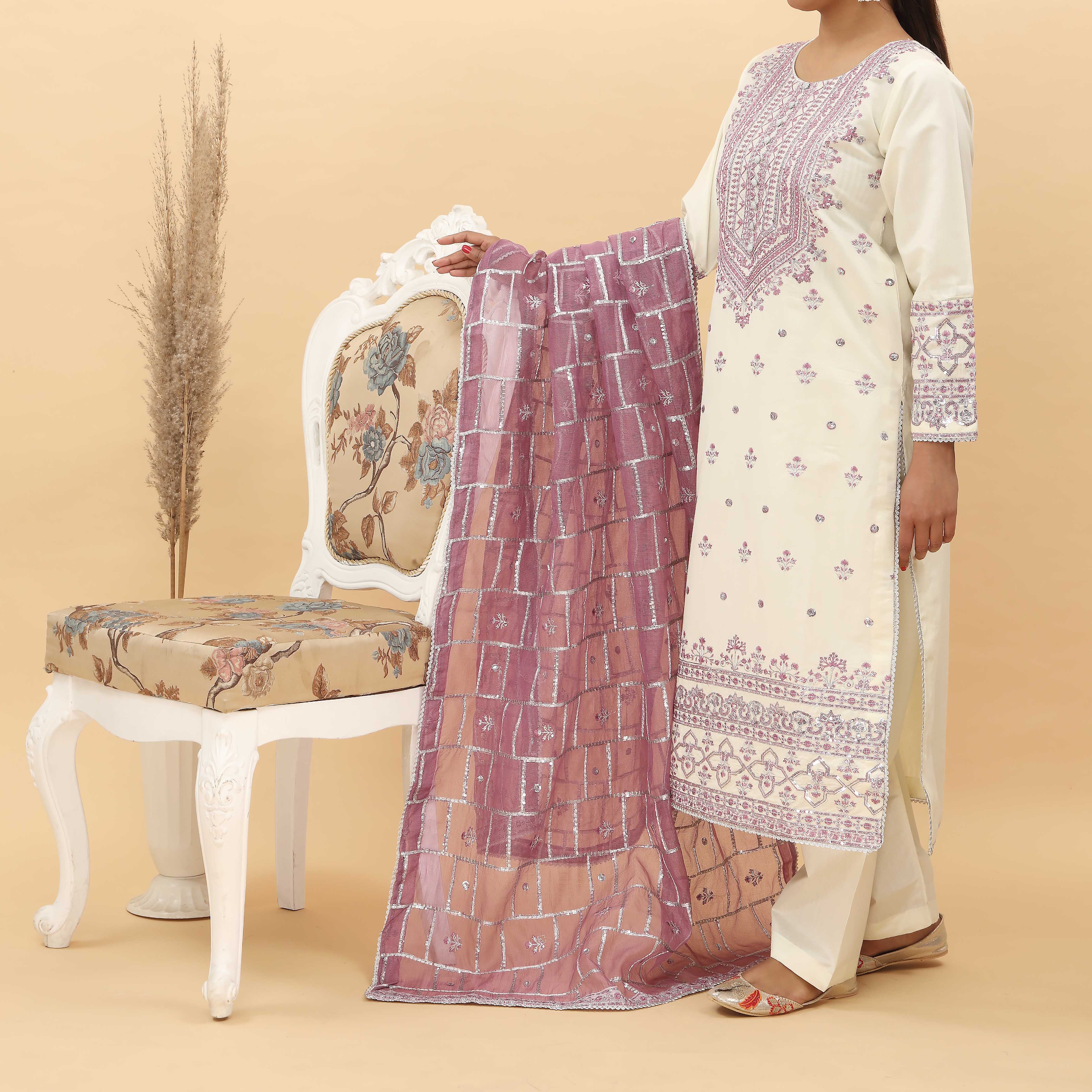 3PC- Embroidered Khadi Net Suit PF5085 - Image 2