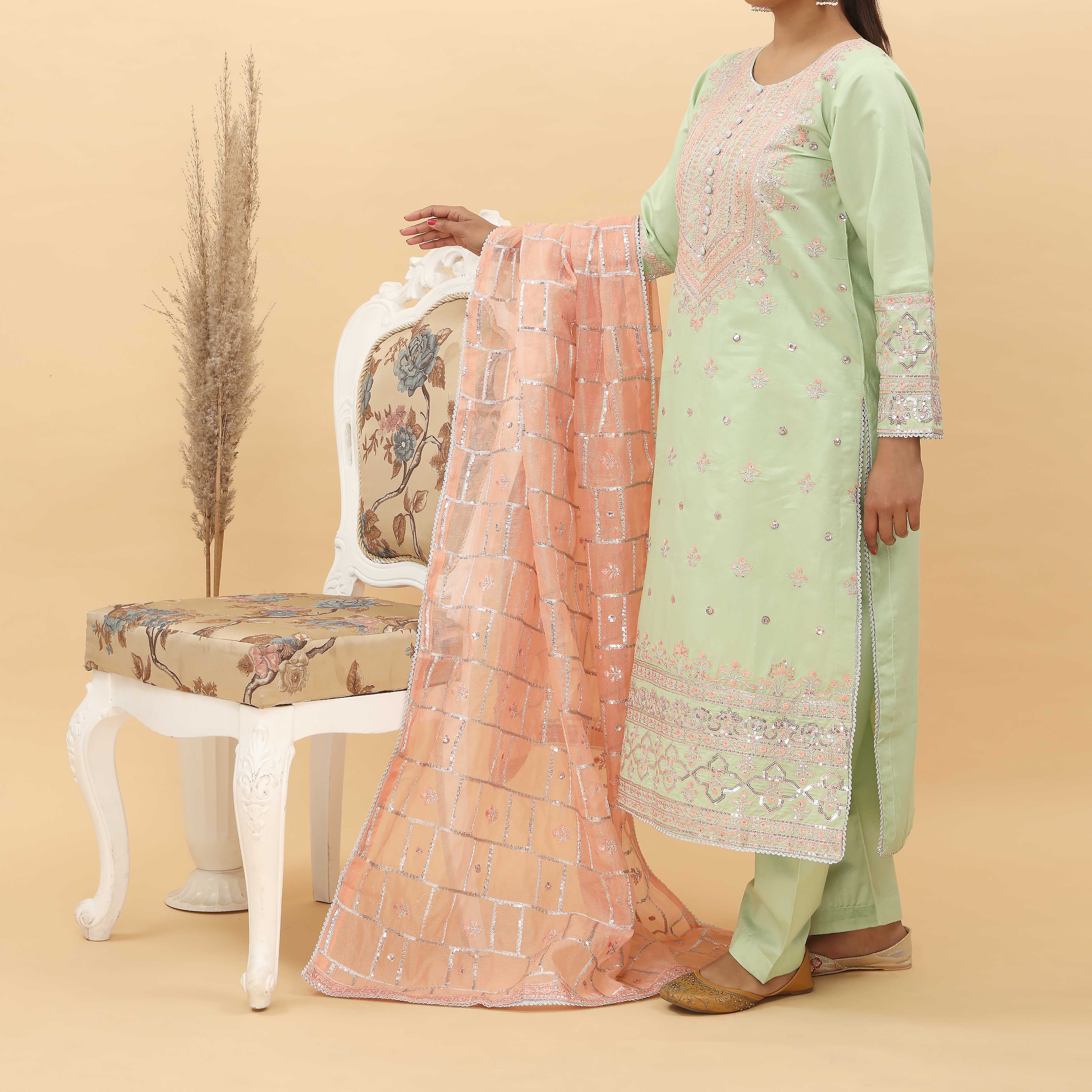 3PC- Embroidered Khadi Net Suit PF5086 - Image 2