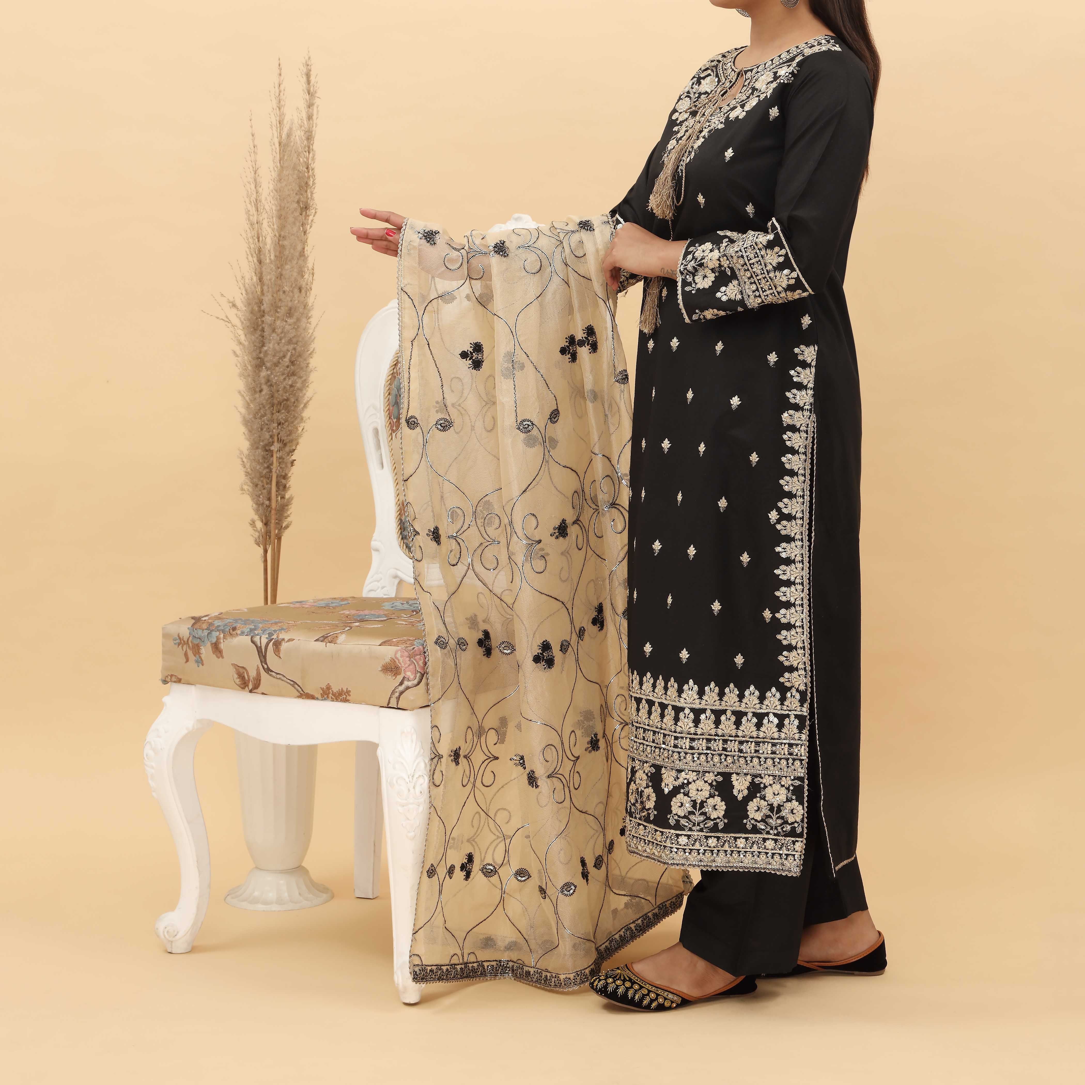 3PC- Embroidered Khadi Net Suit PF5091 - Image 3