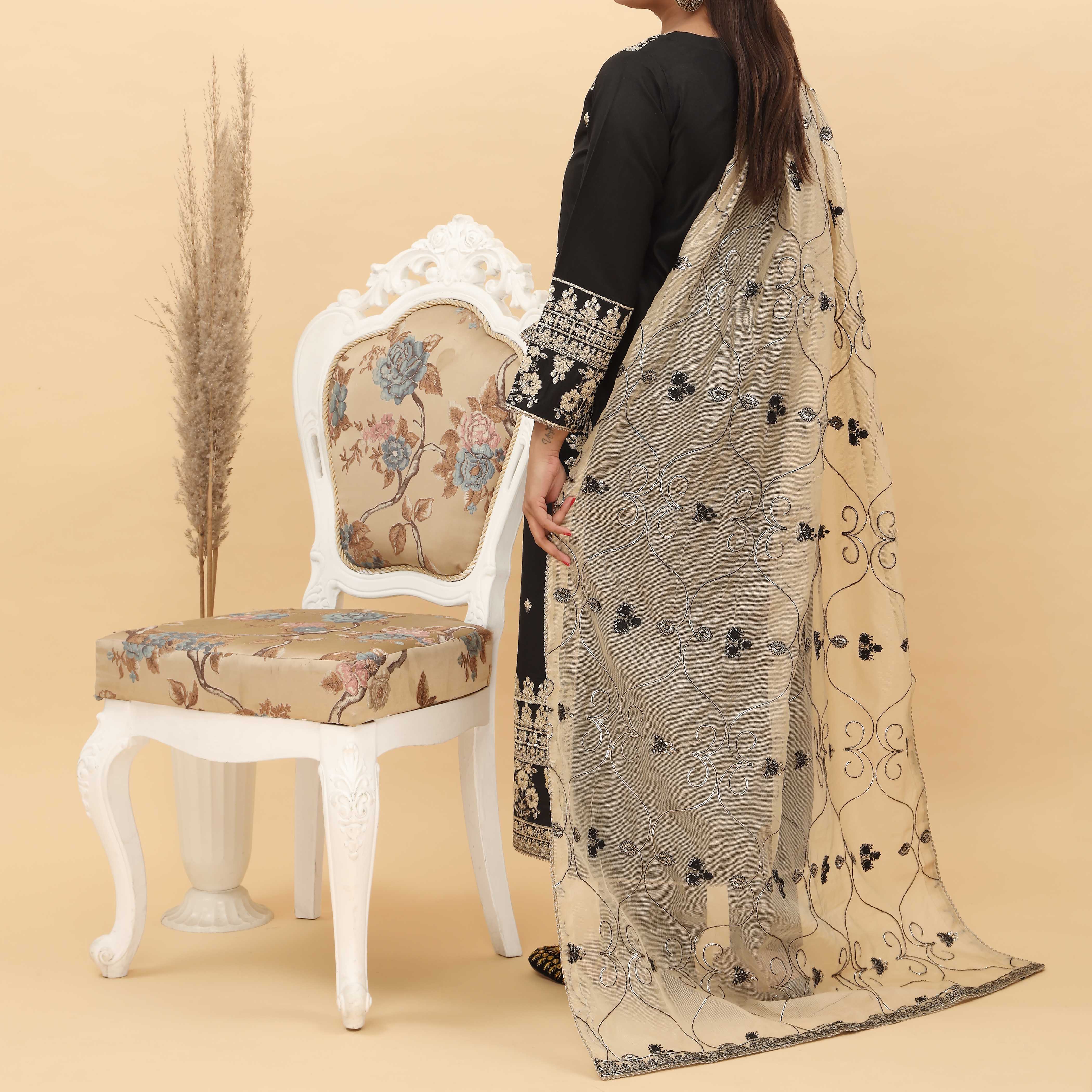 3PC- Embroidered Khadi Net Suit PF5091 - Image 4