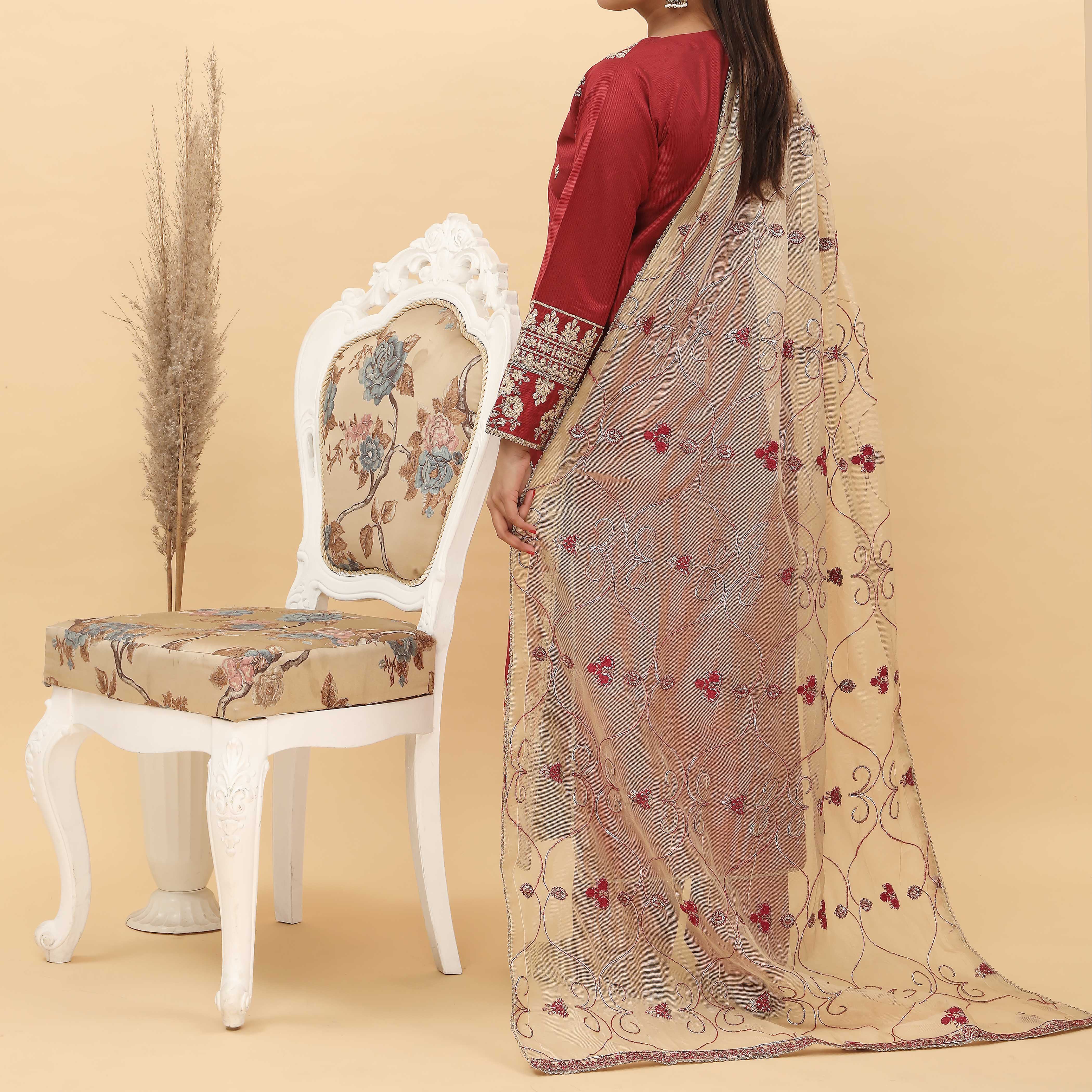 3PC- Embroidered Khadi Net Suit PF5092 - Image 4