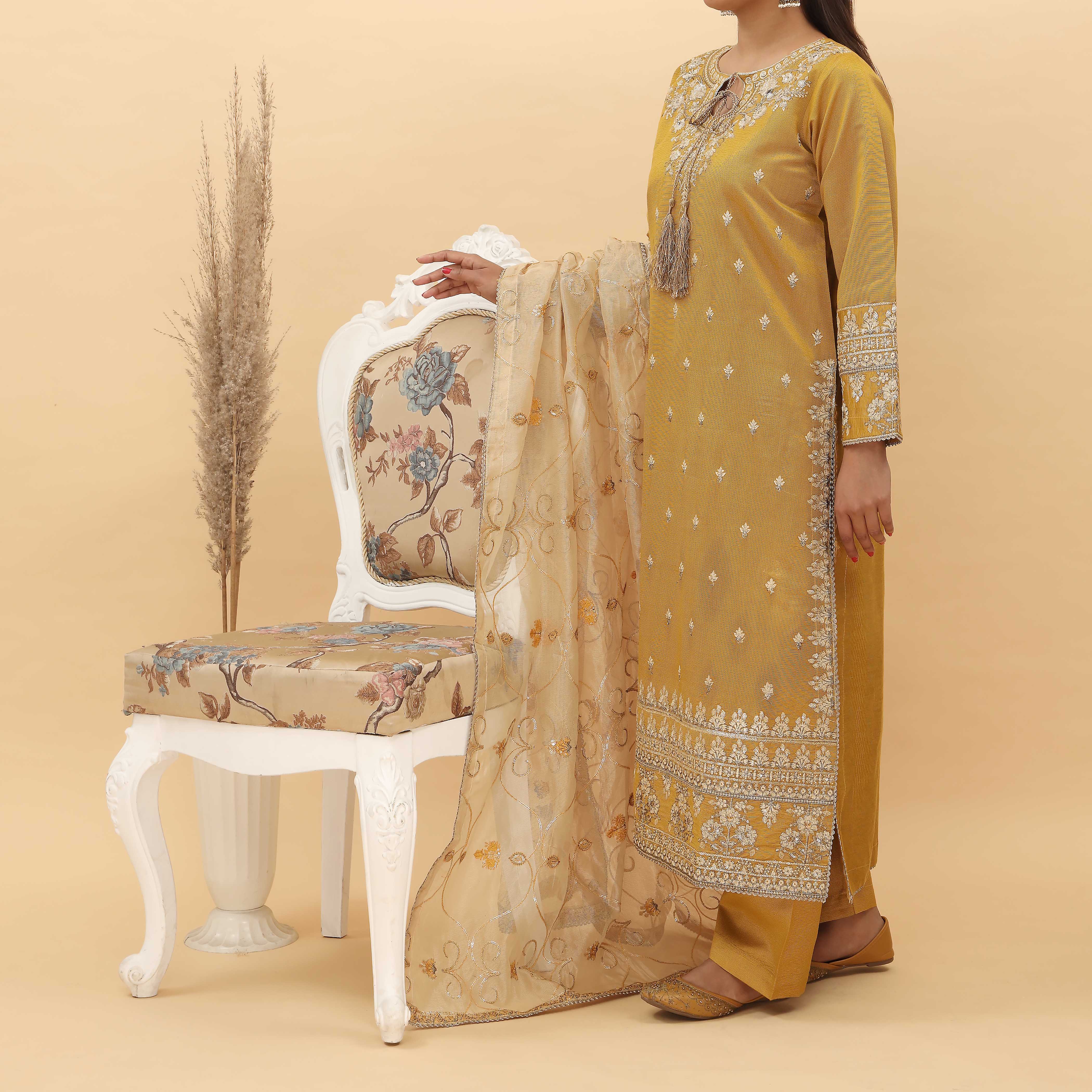 3PC- Embroidered Khadi Net Suit PF5093 - Image 2