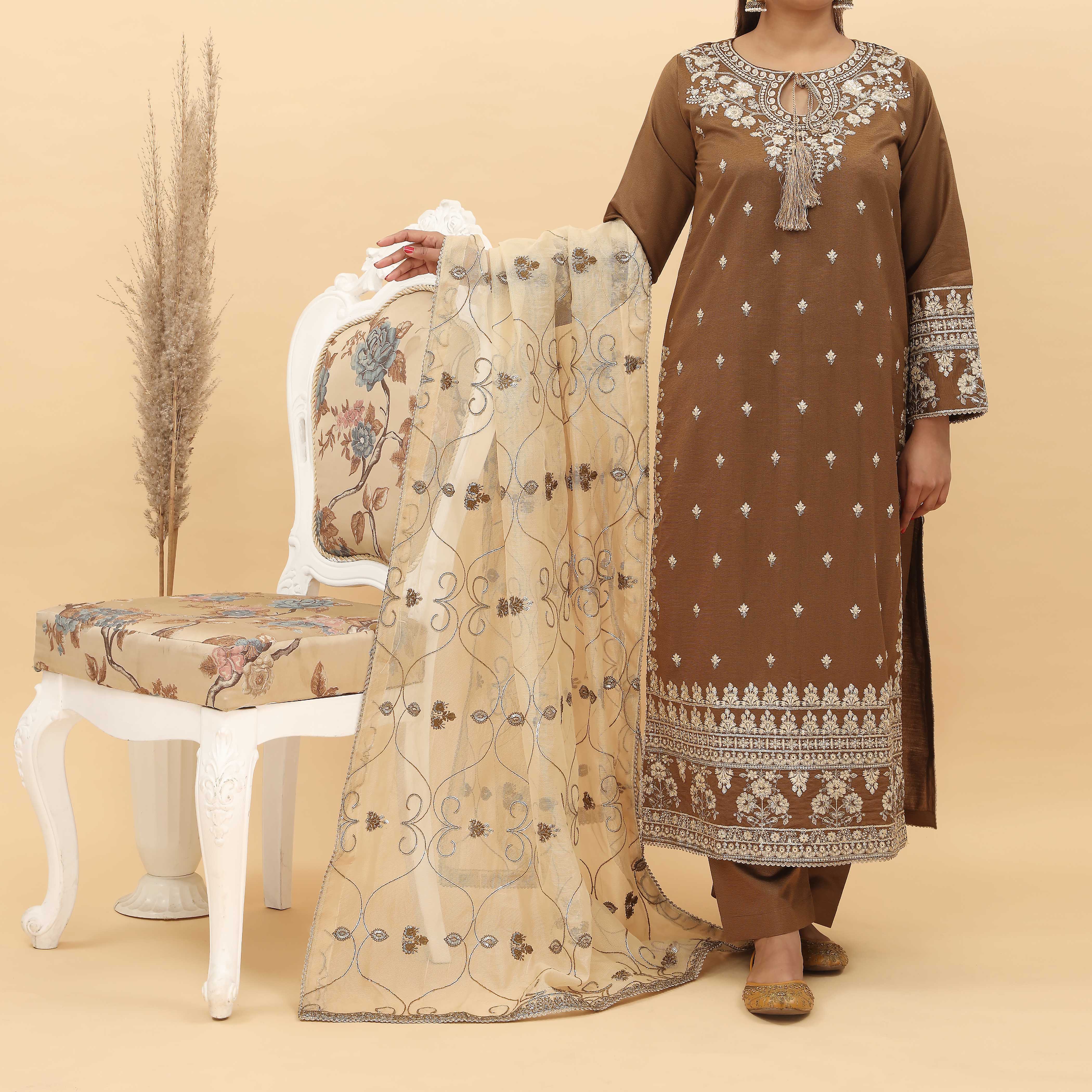 3PC- Embroidered Khadi Net Suit PF5094 - Image 2