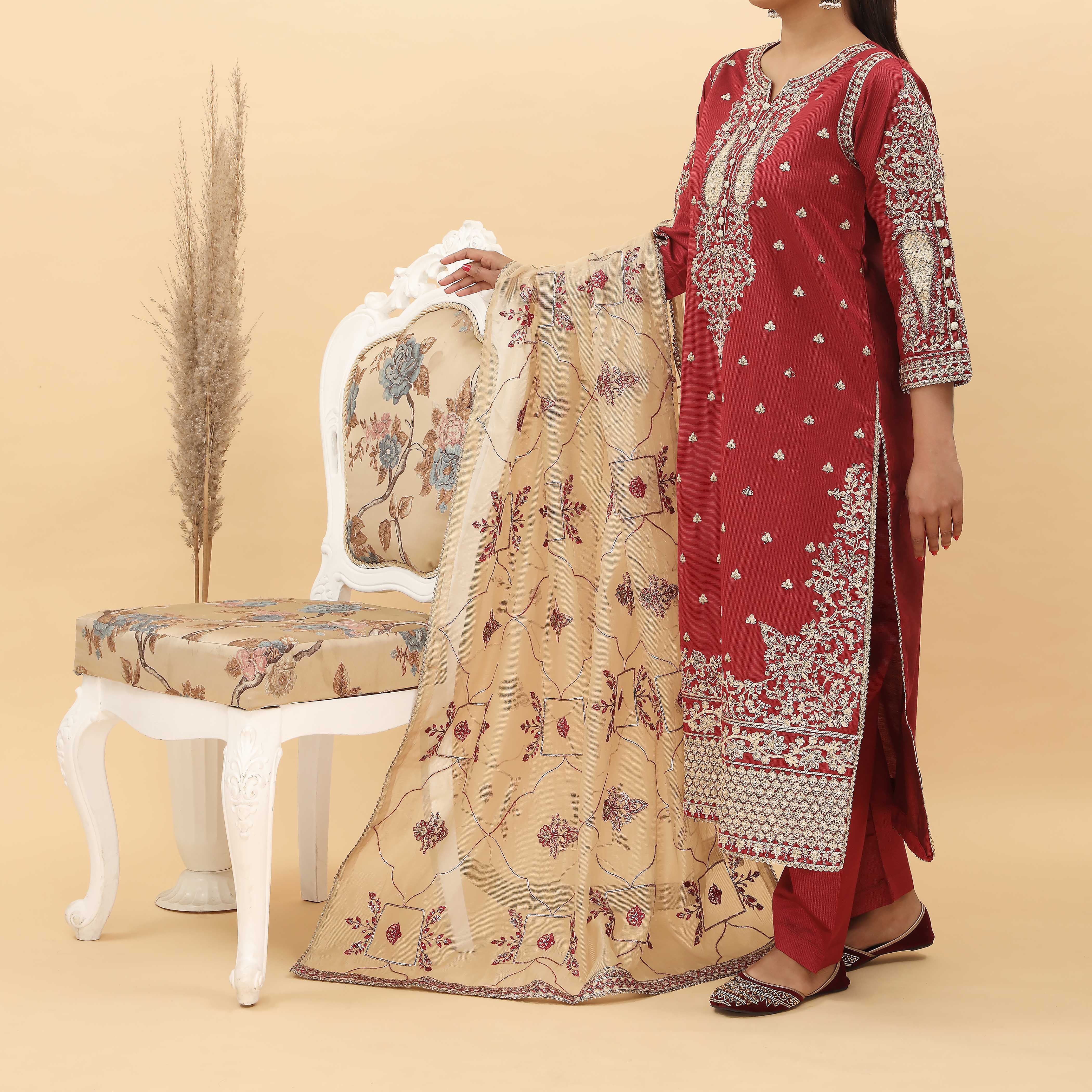 3PC- Embroidered Khadi Net Suit PF5096 - Image 3