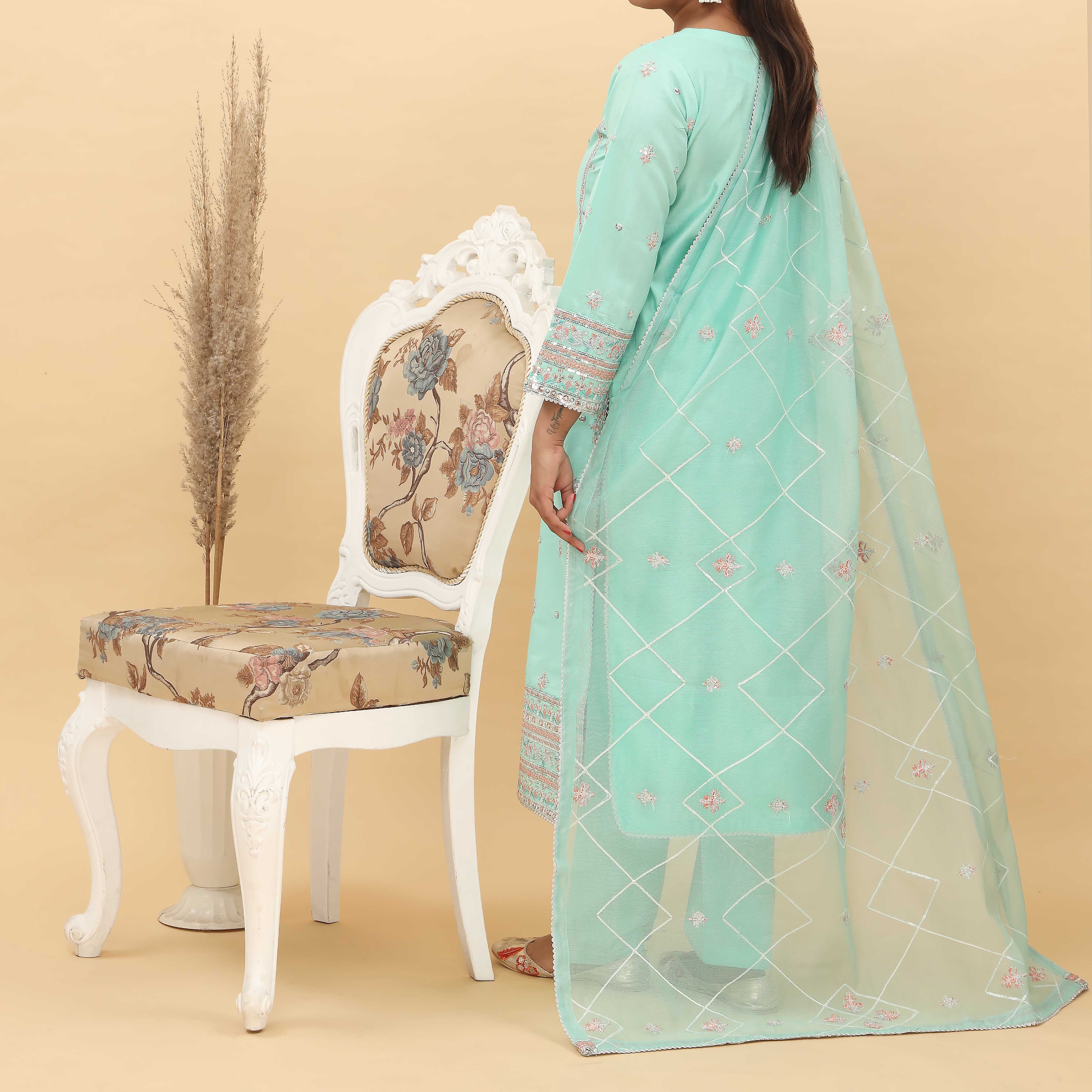 3PC- Embroidered Khadi Net Suit PF5114 - Image 3