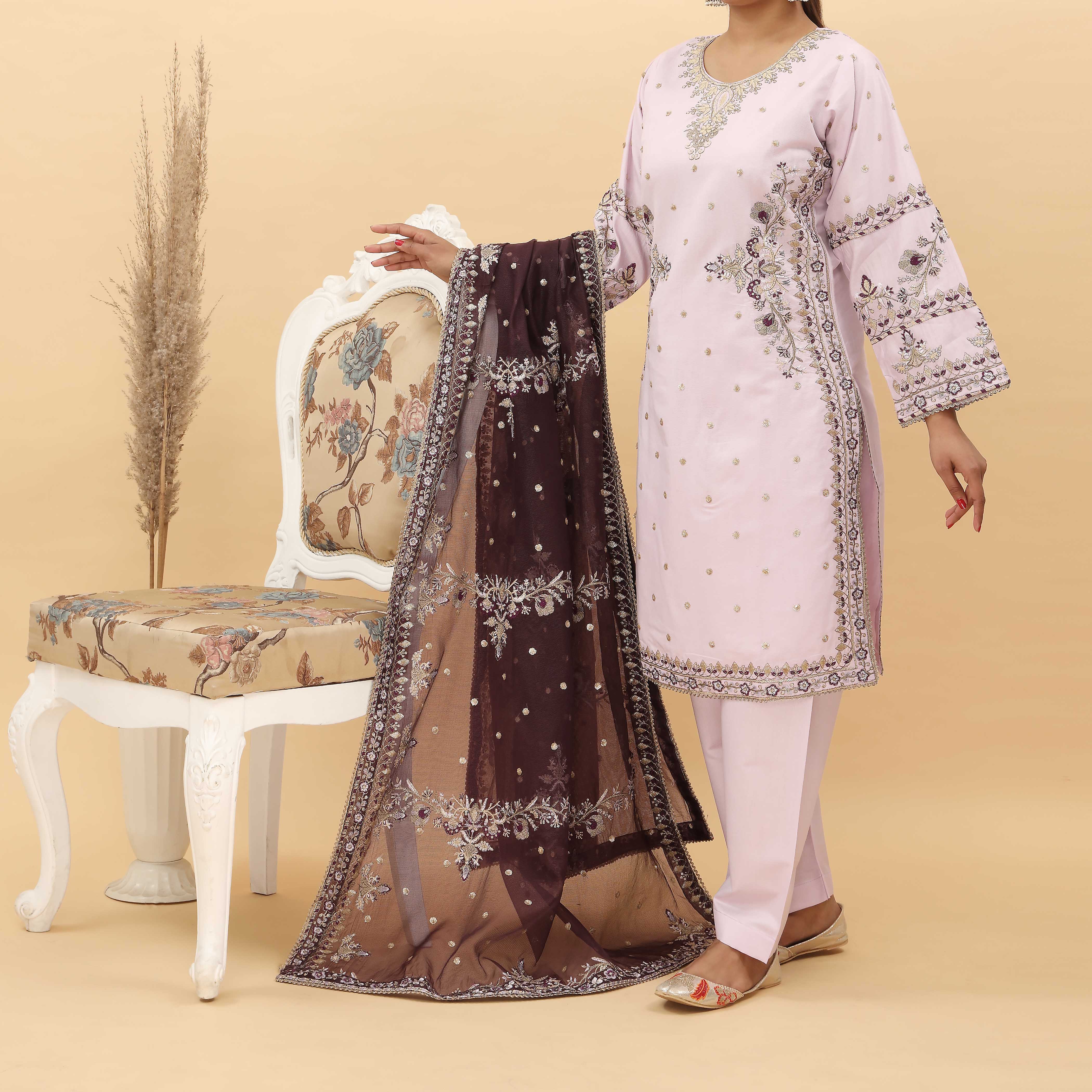 3PC- Embroidered Khadi Net Suit PF5124 - Image 3