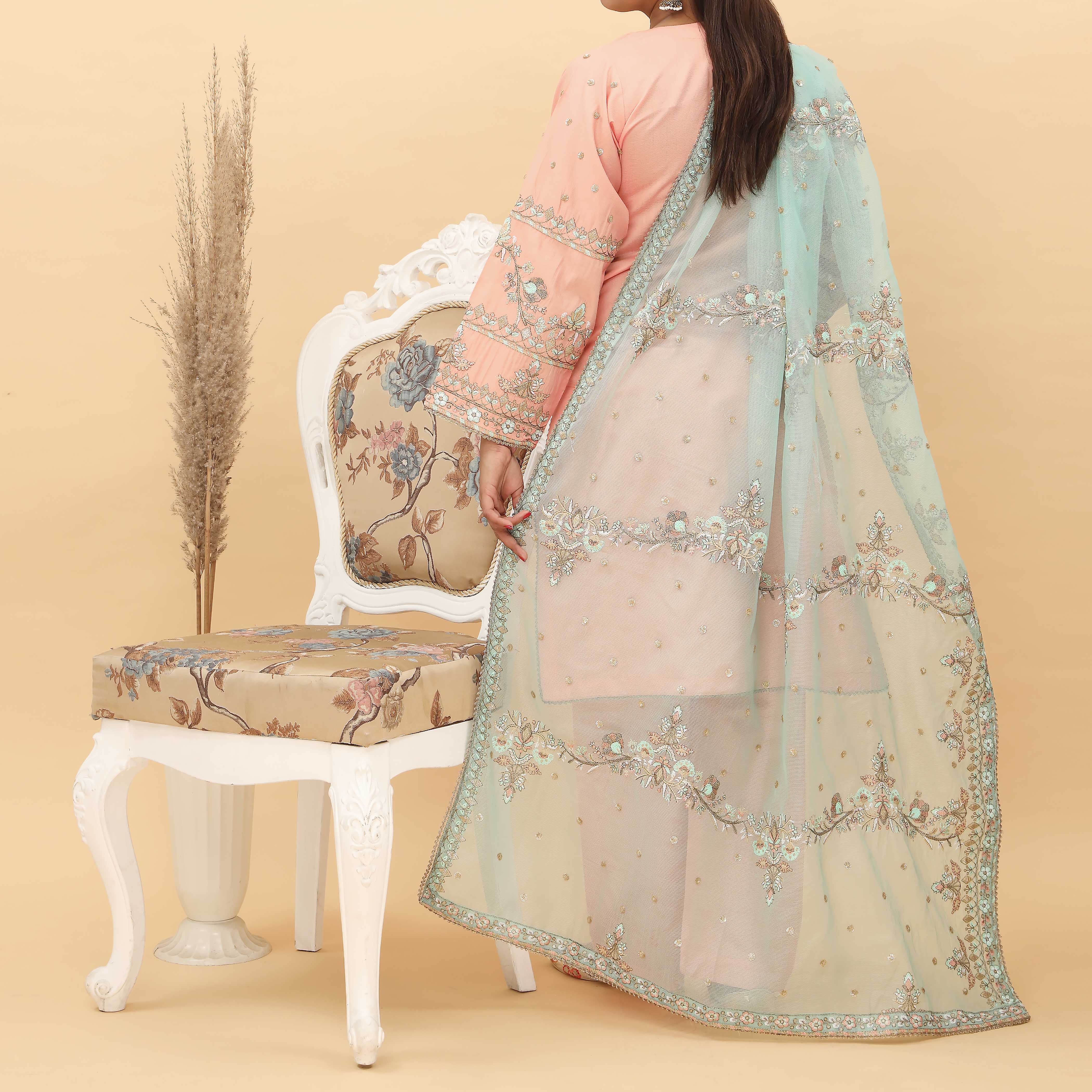 3PC- Embroidered Khadi Net Suit PF5126 - Image 3