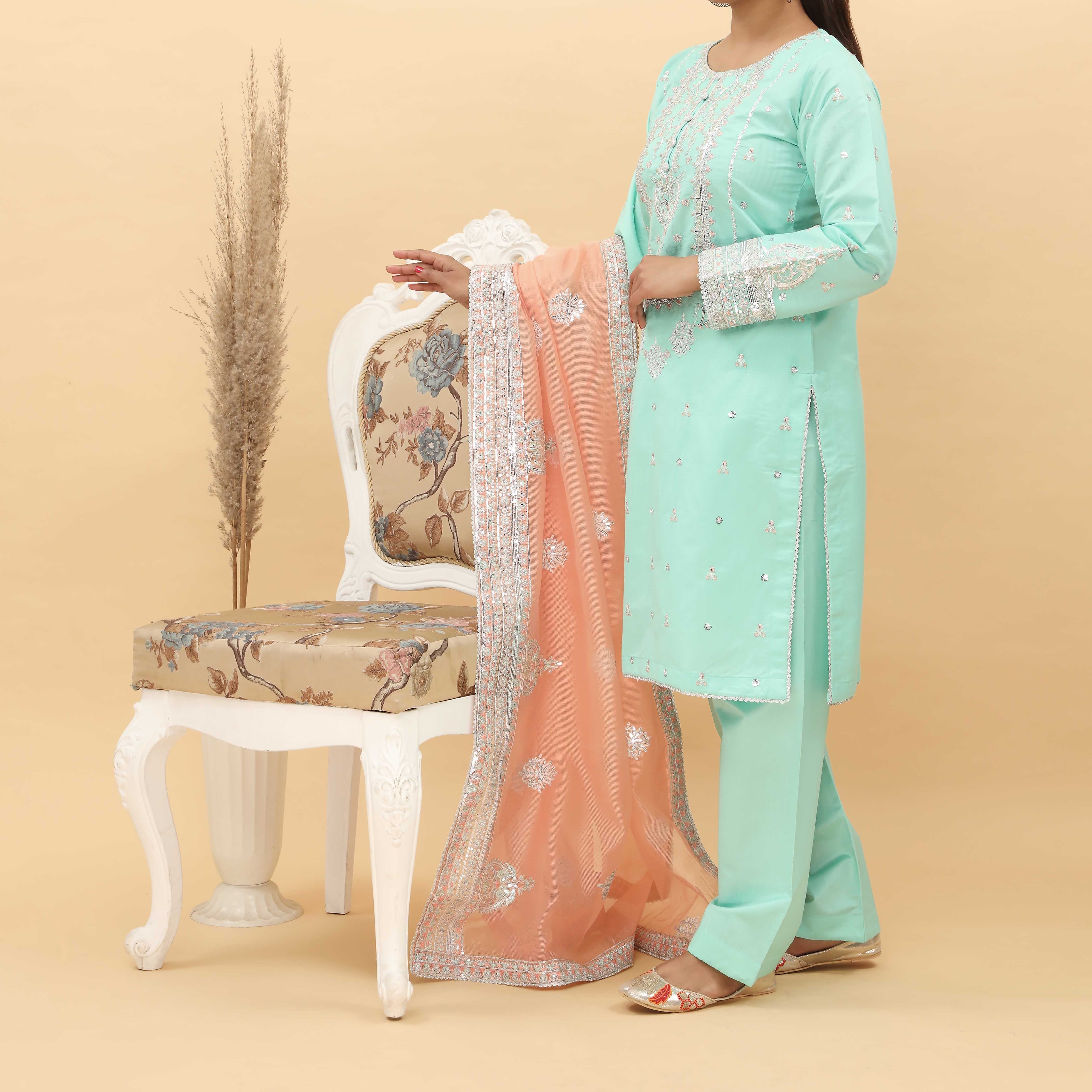 3PC- Embroidered Khadi Net Suit PF5127 - Image 2
