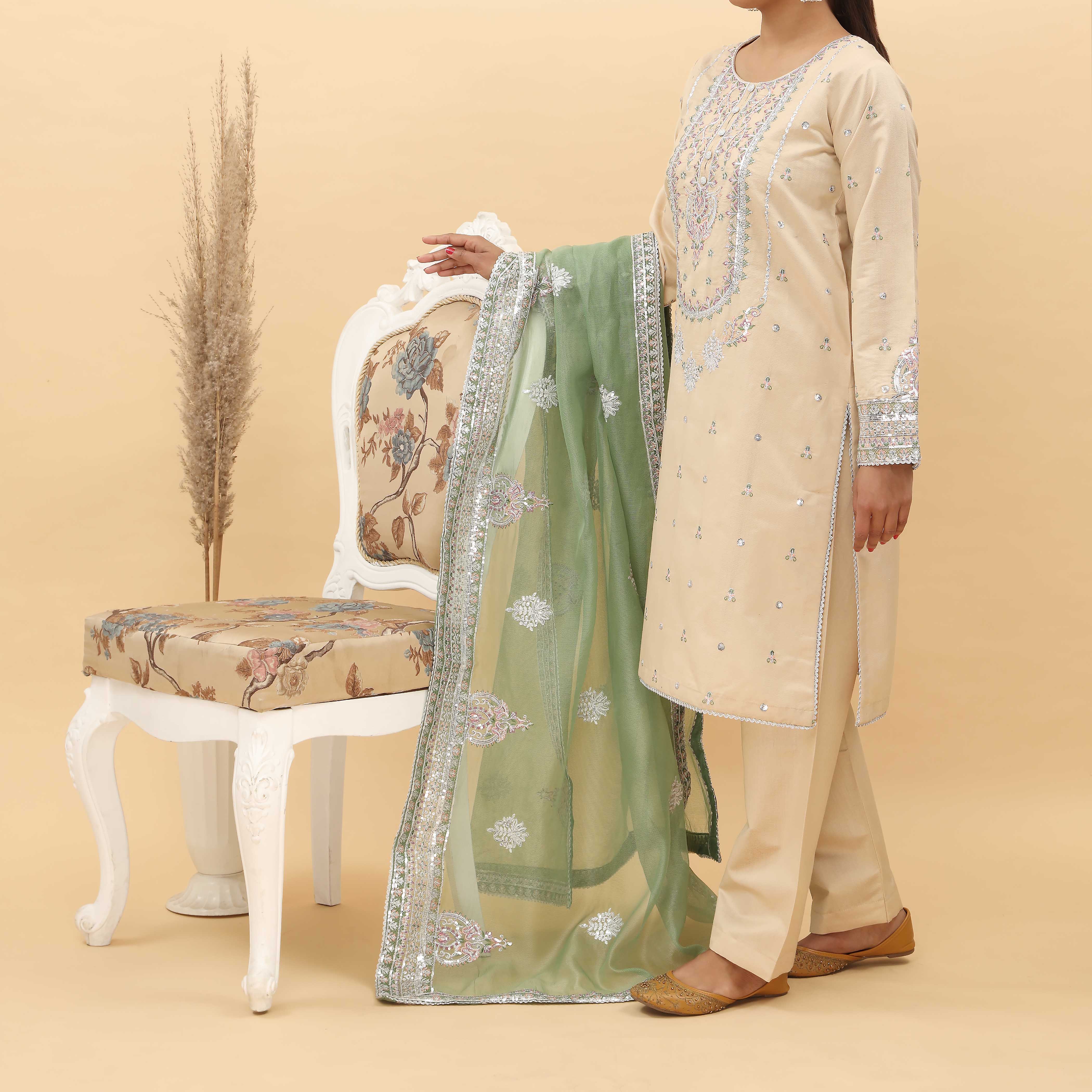 3PC- Embroidered Khadi Net Suit PF5128 - Image 3