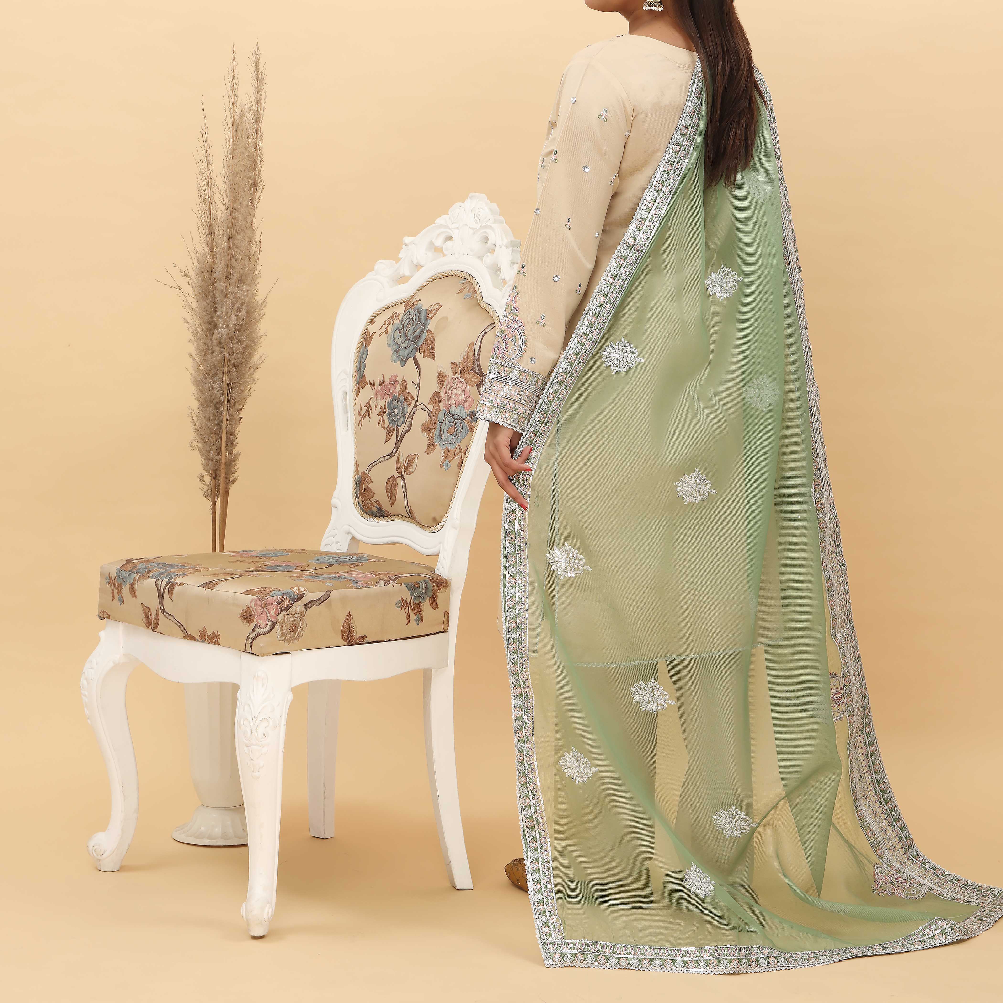 3PC- Embroidered Khadi Net Suit PF5128 - Image 4