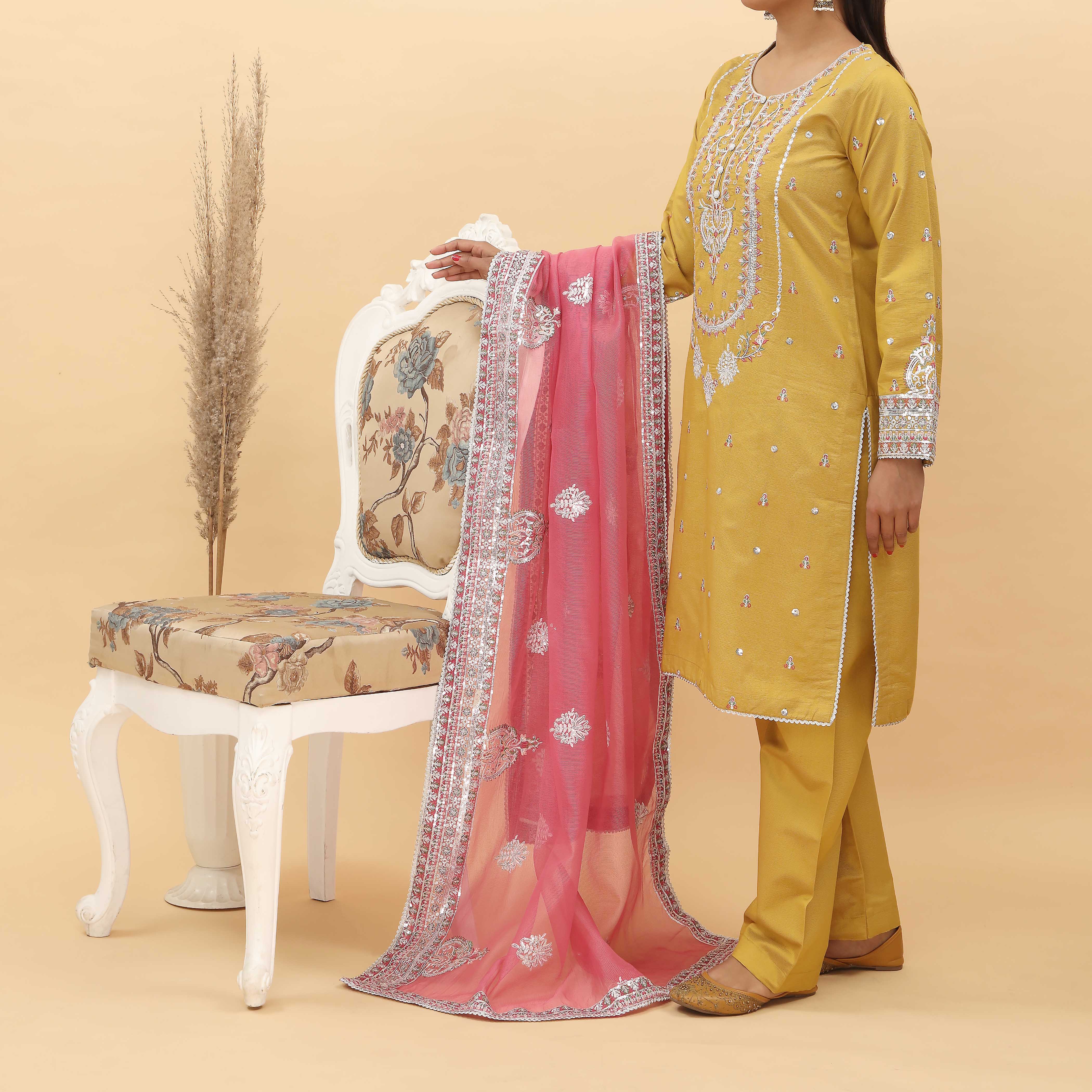 3PC- Embroidered Khadi Net Suit PF5129 - Image 2