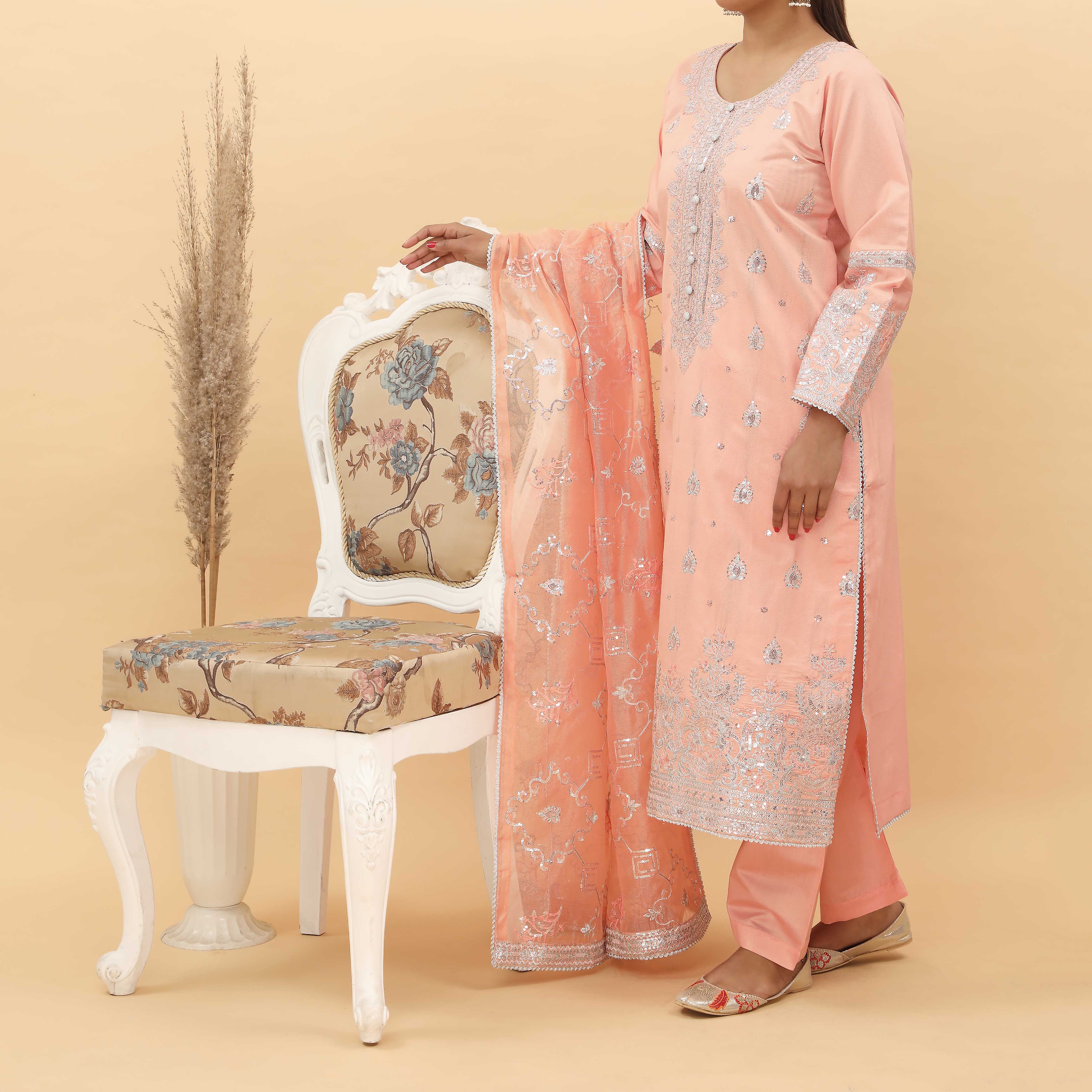 3PC- Embroidered Khadi Net Suit PF5130 - Image 2