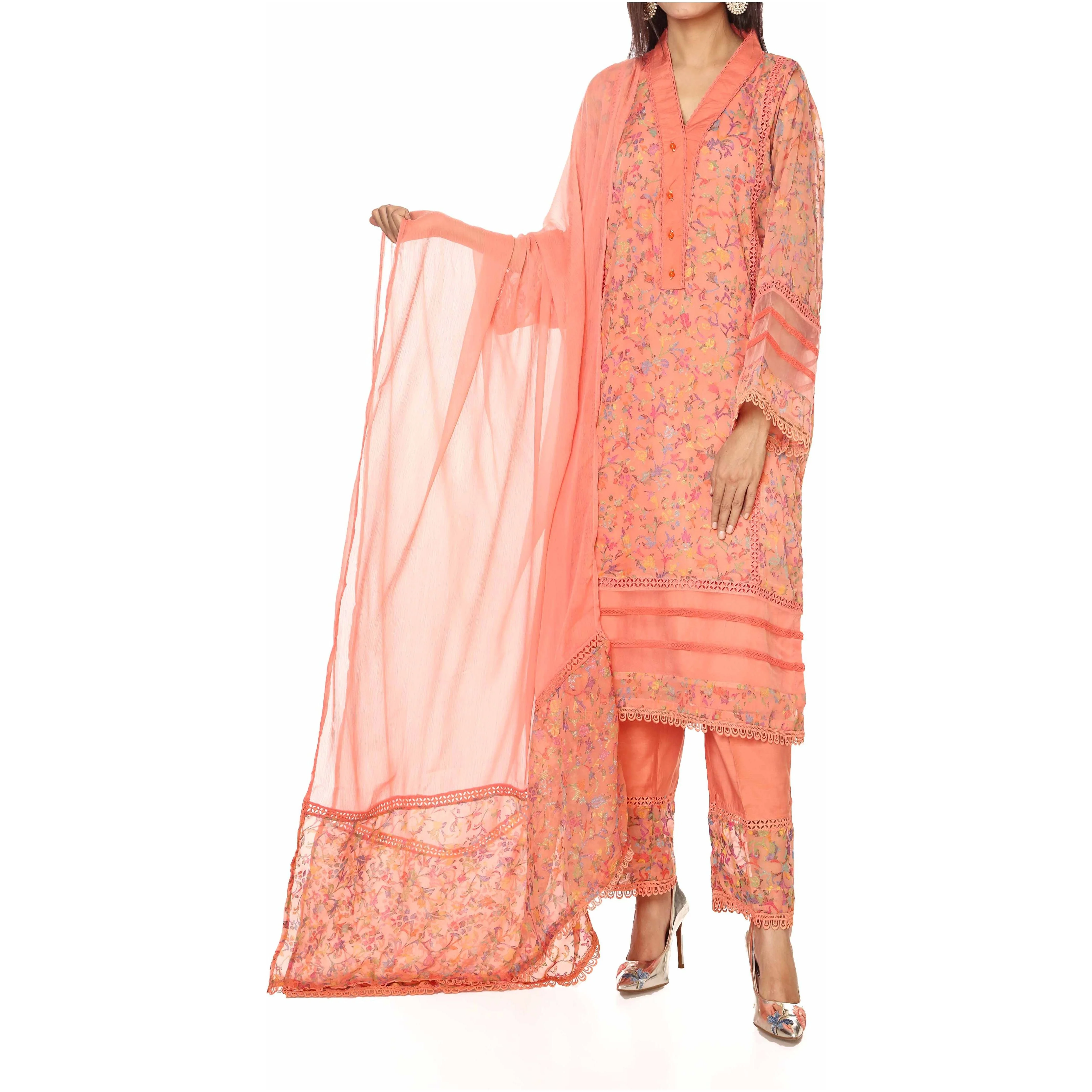 3PC- Georget Embellished Shirt with Chiffion Dupatta & Raw Silk Trousers PW2253
