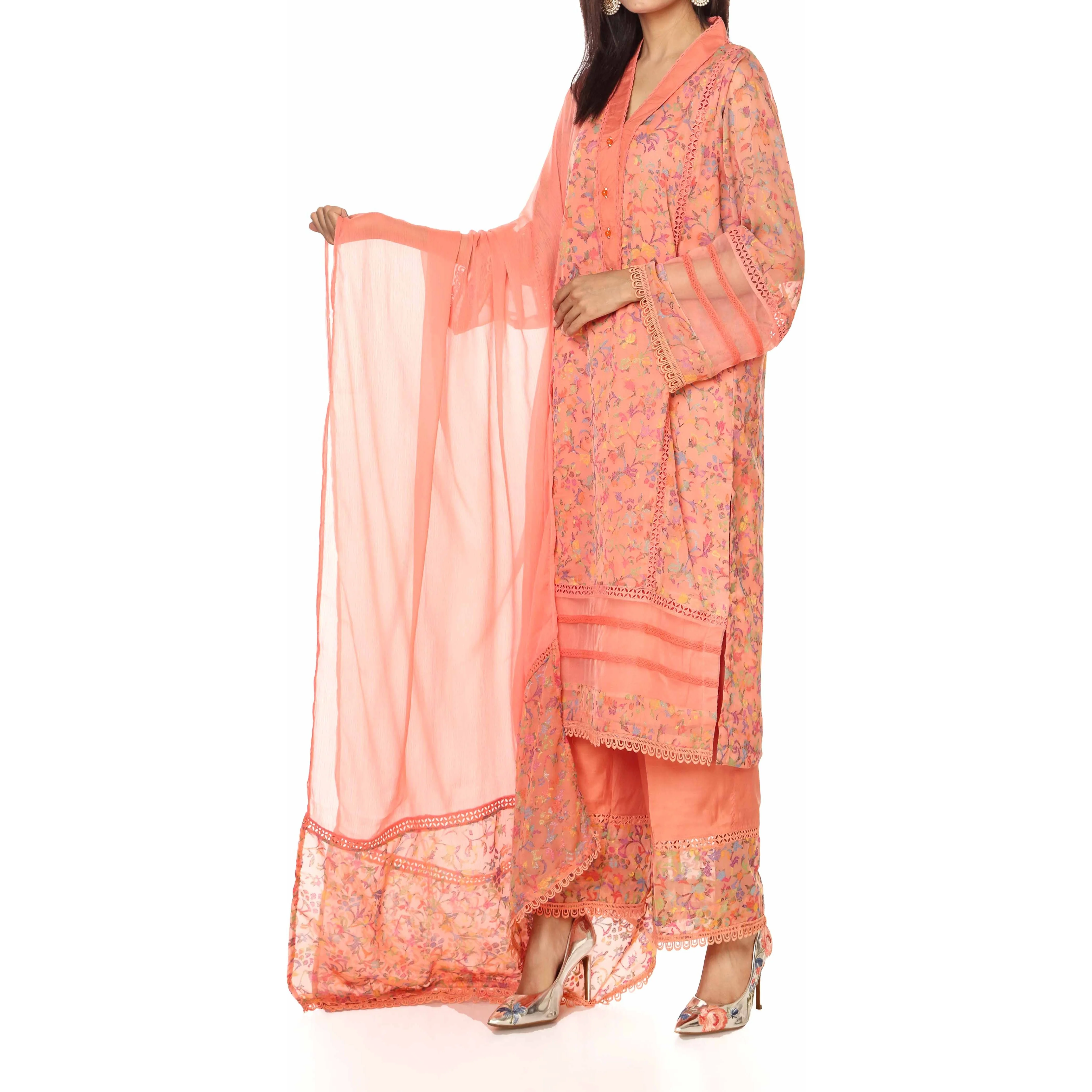 3PC- Georget Embellished Shirt with Chiffion Dupatta & Raw Silk Trousers PW2253 - Image 2
