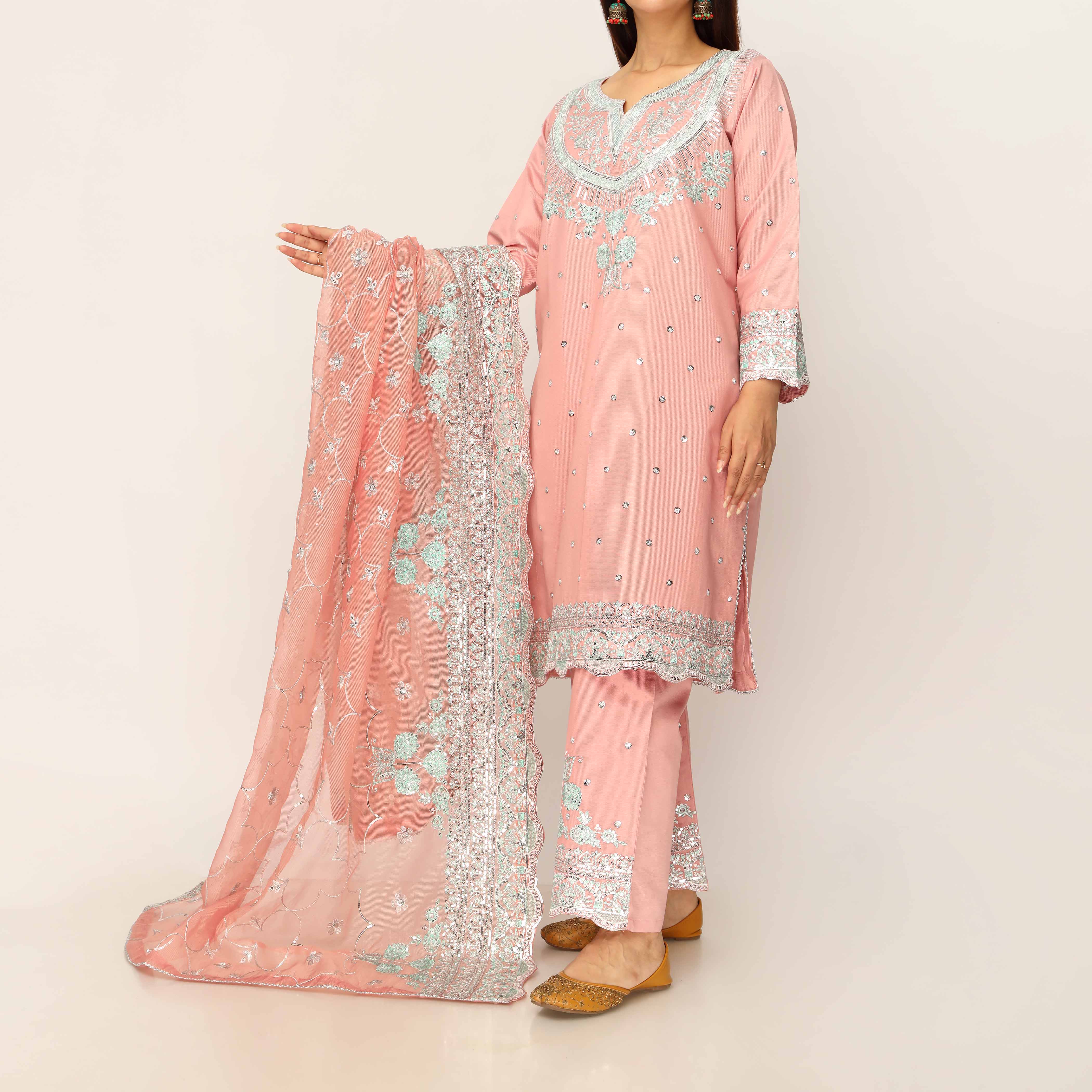 3PC- Khaddi Net Embellished Suit PF5015 - Image 3