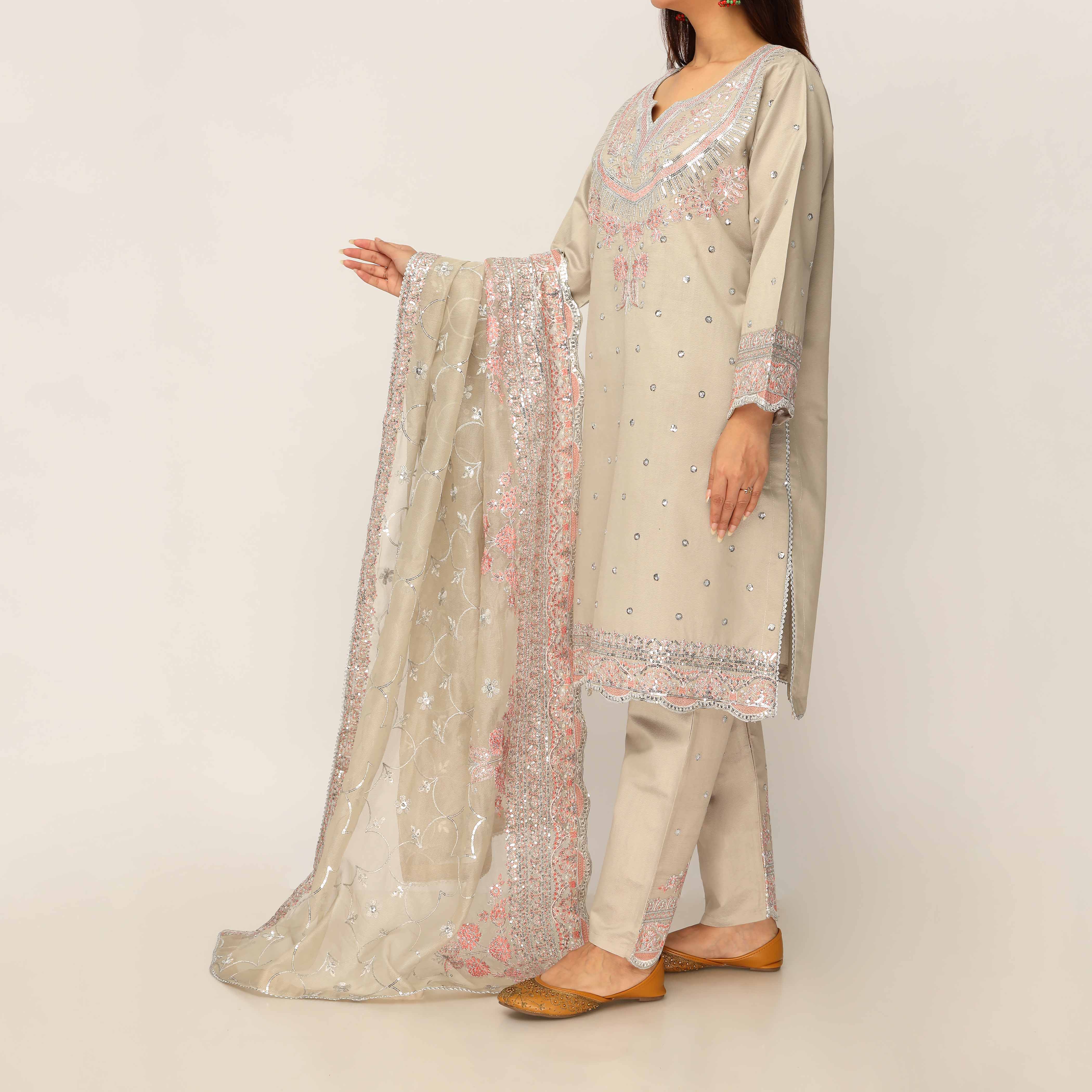 3PC- Khaddi Net Embellished Suit PF5017 - Image 3