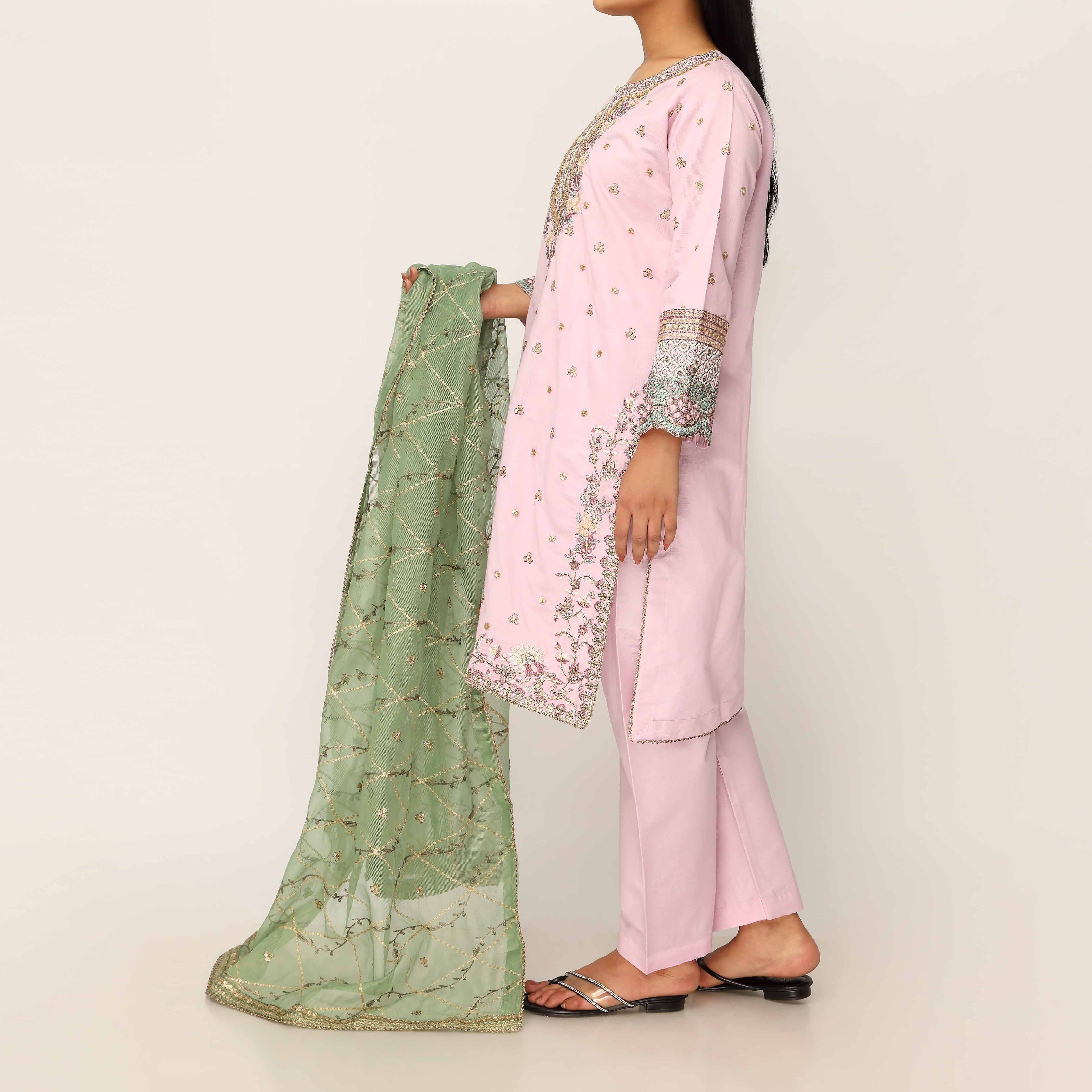 3PC- Khaddi Net Embellished Suit PF5137 - Image 3